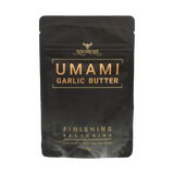 Rum and Que Umami Garlic Butter finishing seasoning 100g, front of pouch on transparent background