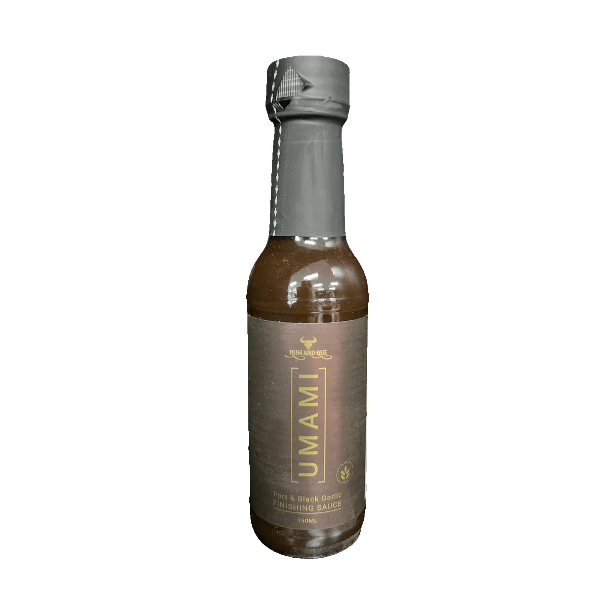 Rum and Que Umami Port & Black Garlic finishing sauce 150ml, front of bottle on transparent background