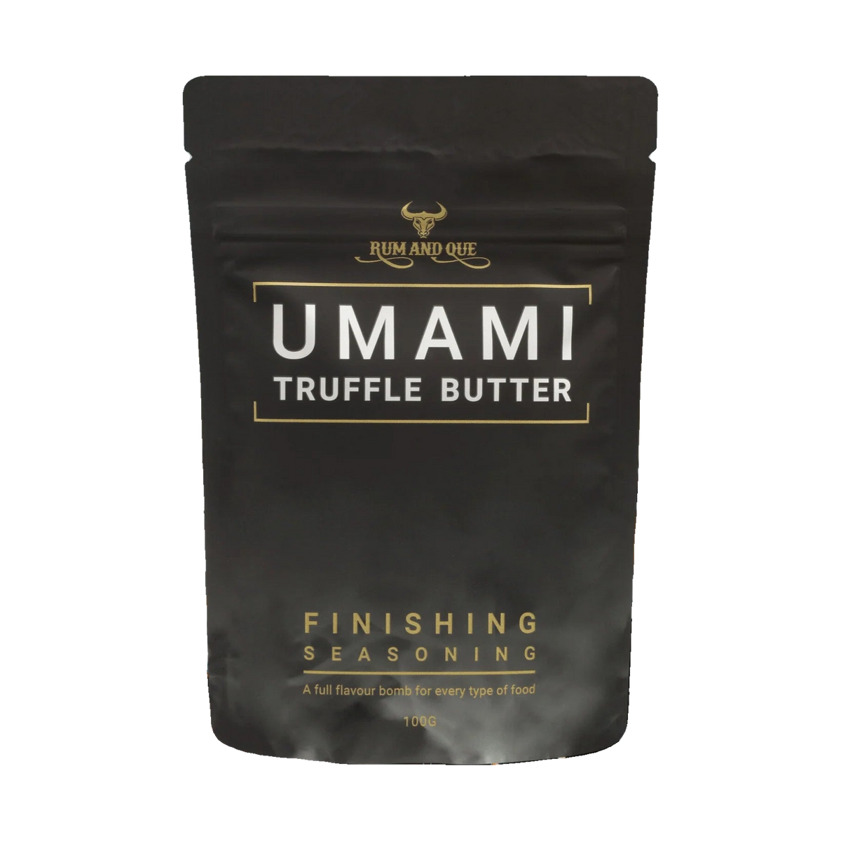 Rum and Que Umami Truffle Butter finishing seasoning 100g, front of pouch on transparent background