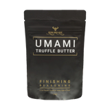 Rum and Que Umami Truffle Butter finishing seasoning 100g, front of pouch on transparent background