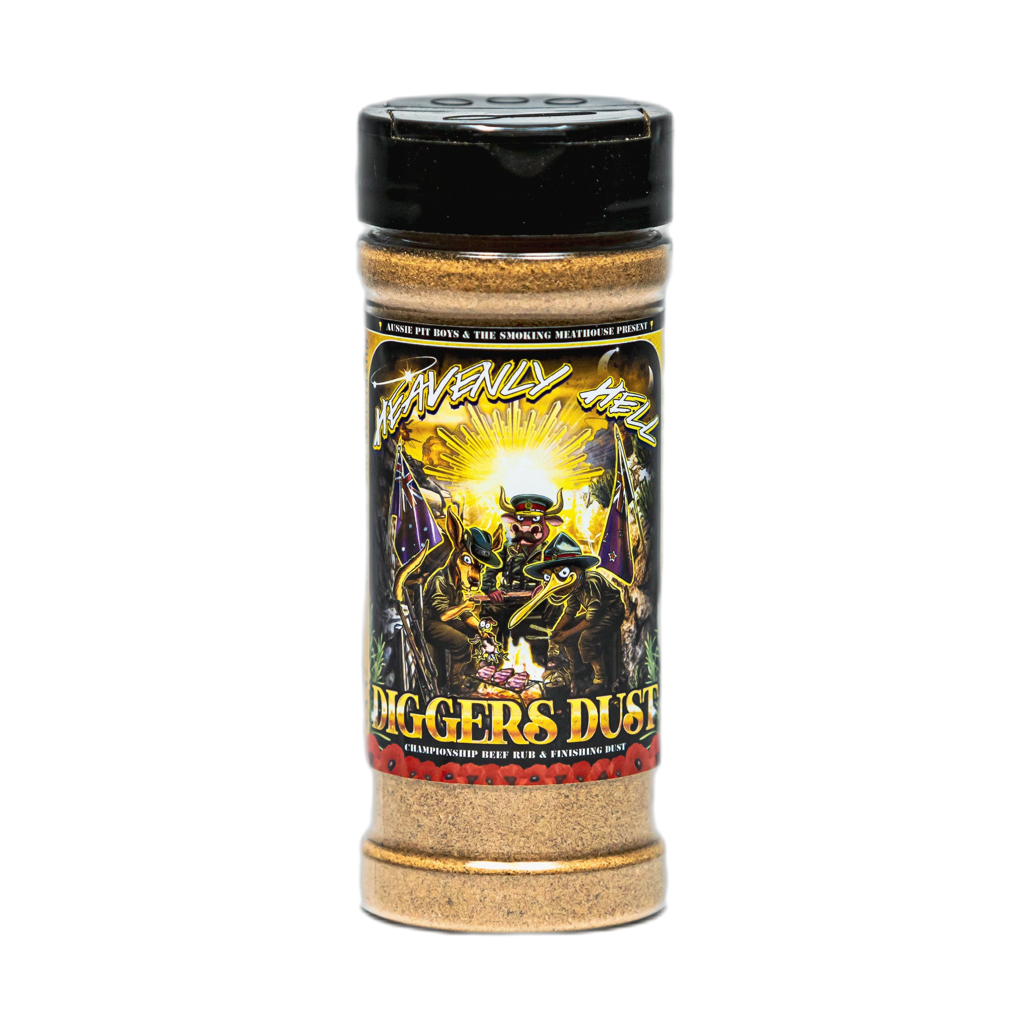 Heavenly Hell Diggers Dust beef rub and finishing dust 150g — front of the shaker on transparent background