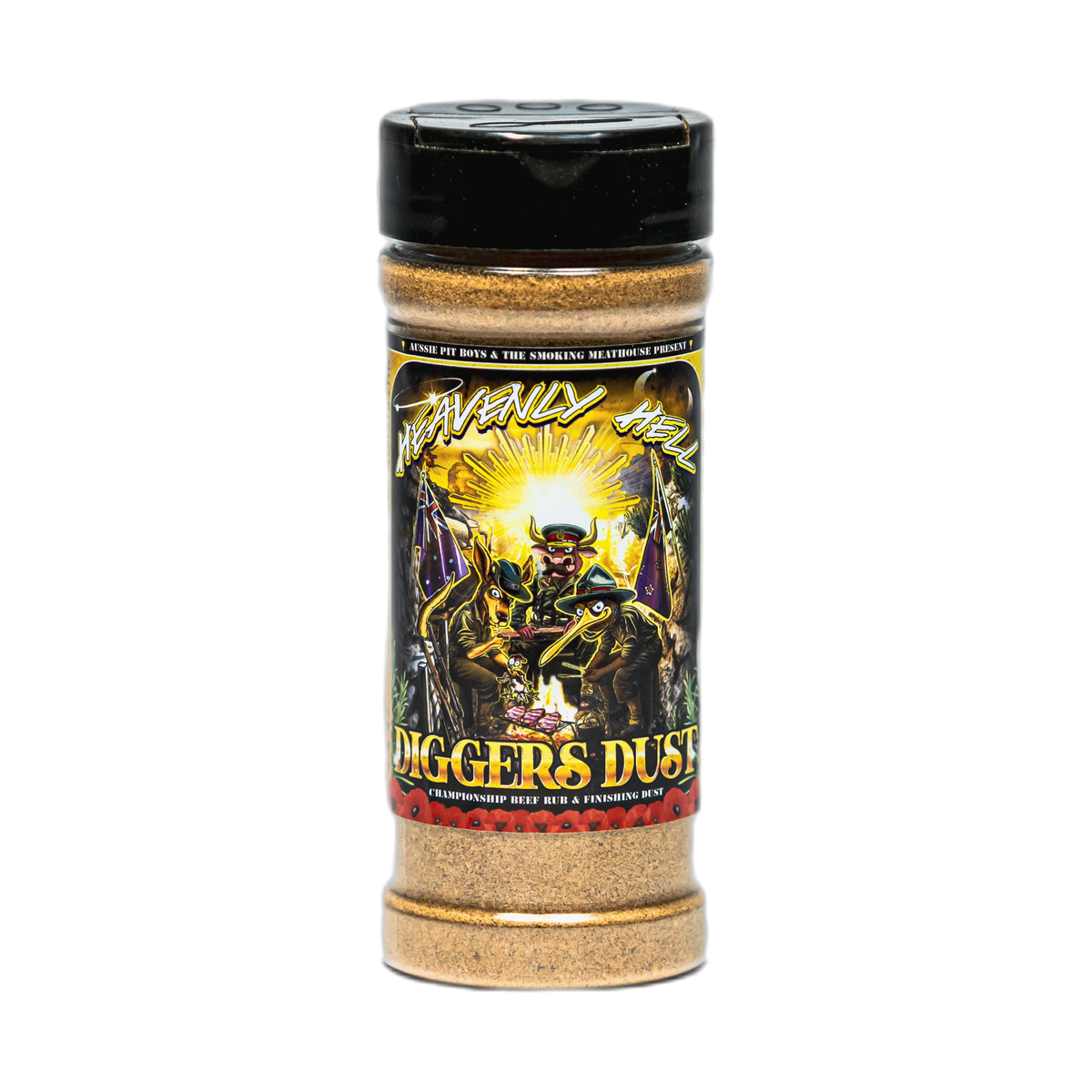 Heavenly Hell Diggers Dust beef rub and finishing dust 150g — front of the shaker on transparent background