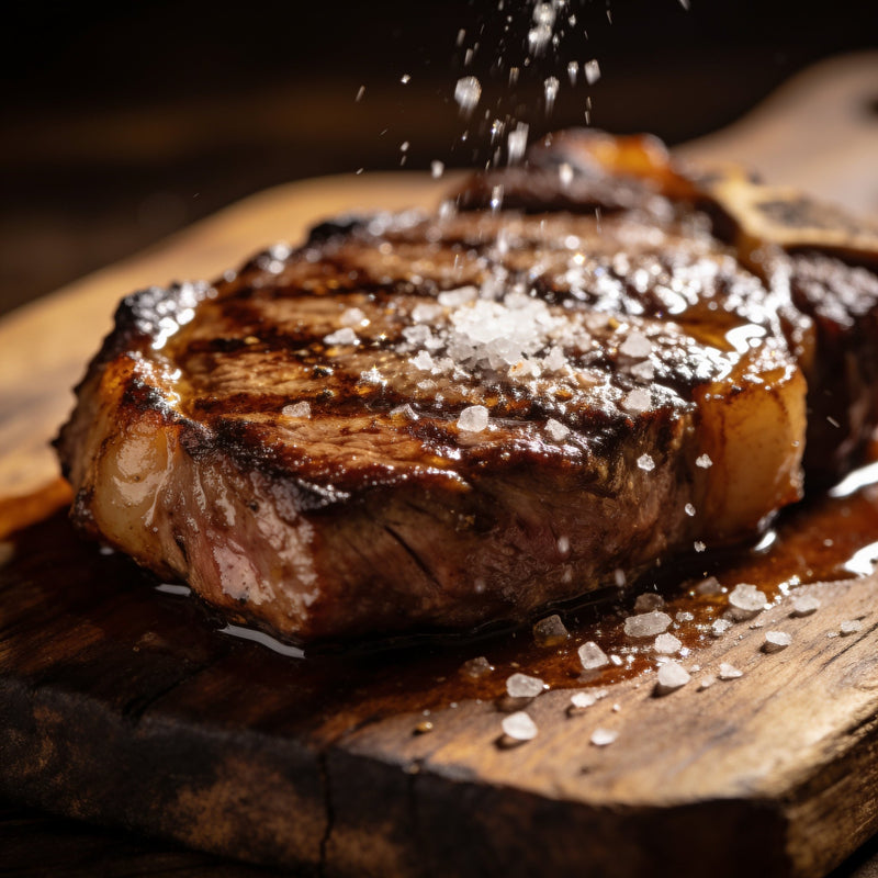 Coarse salt scattering over a rested, glistening sliced steak lifestyle photo