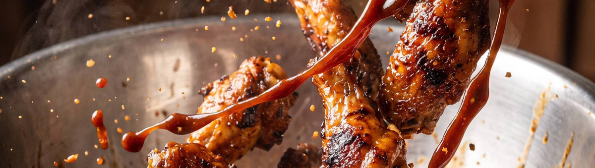 Hardcore Carnivore Saucesome BBQ Sauce beside charred chicken wings tossed in dark glossy ancho barbecue sauce with steam and splatter