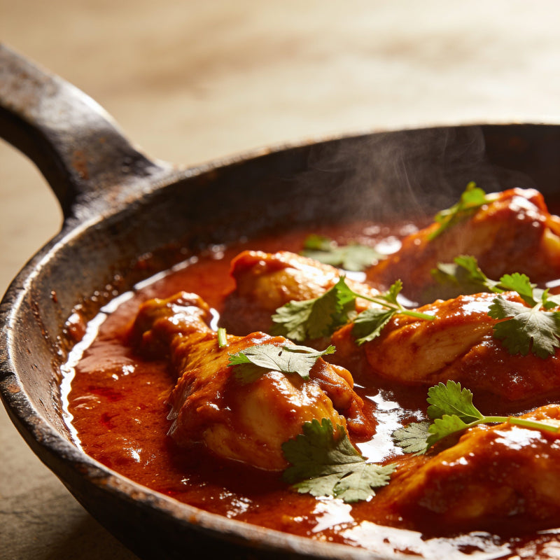 Goan-style chicken curry simmering in a cast iron pan with fresh coriander — Simmer Sauces & Curry category lifestyle scene lifestyle photo