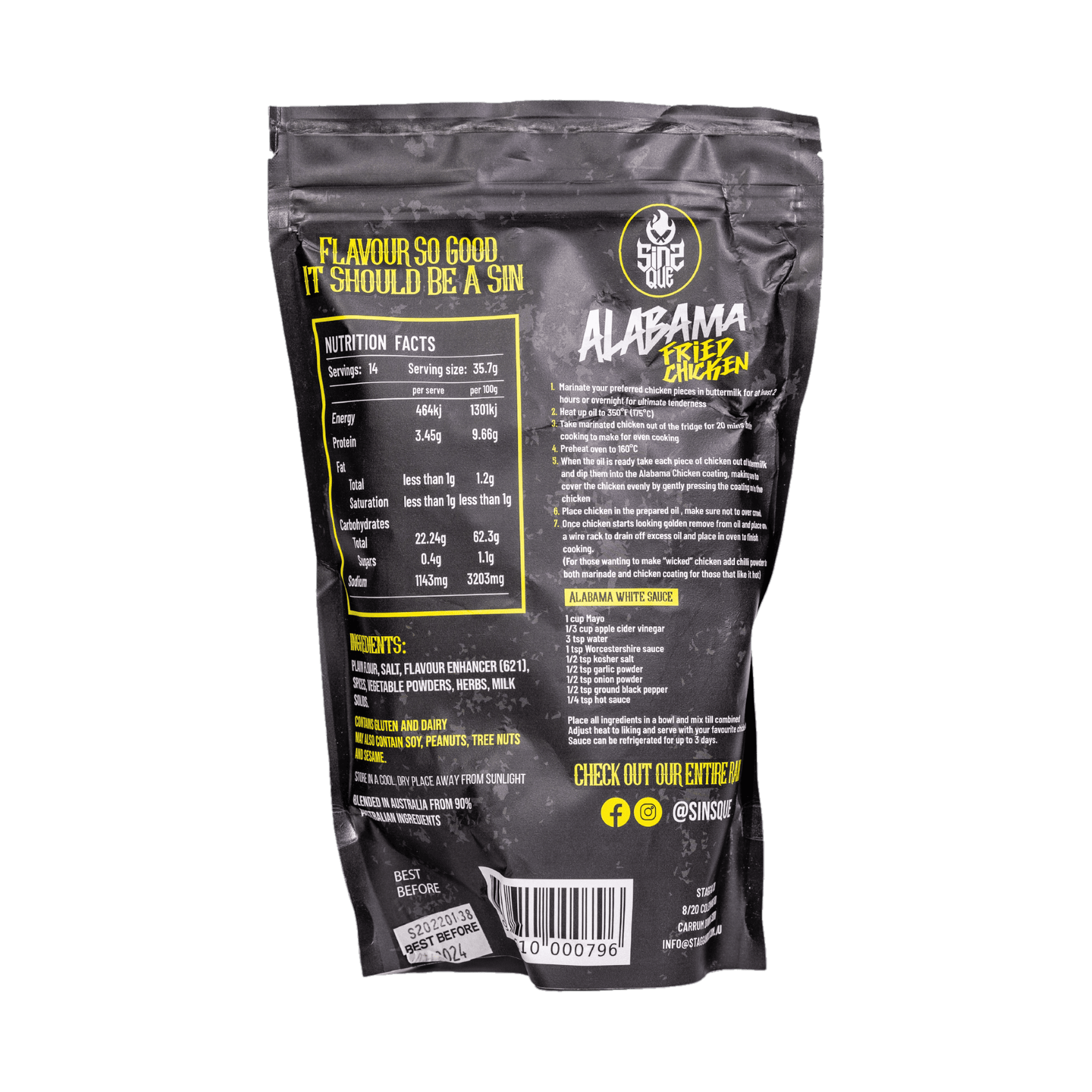 SinsQue Alabama Fried Chicken Coating 500g chicken coating — back of pouch with ingredients panel, transparent background