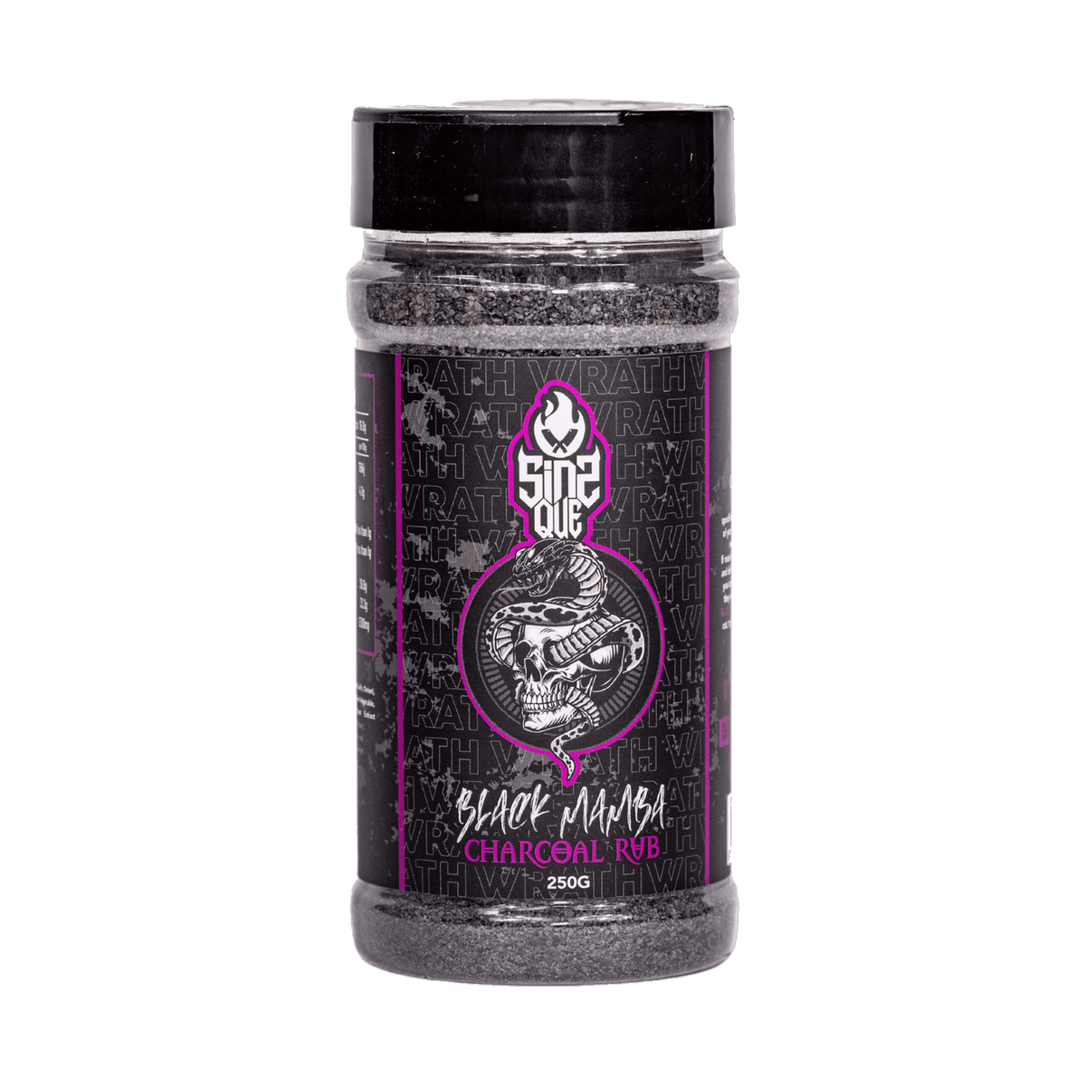 SinsQue Black Mamba Charcoal Rub 250g beef rub — front of shaker on transparent background