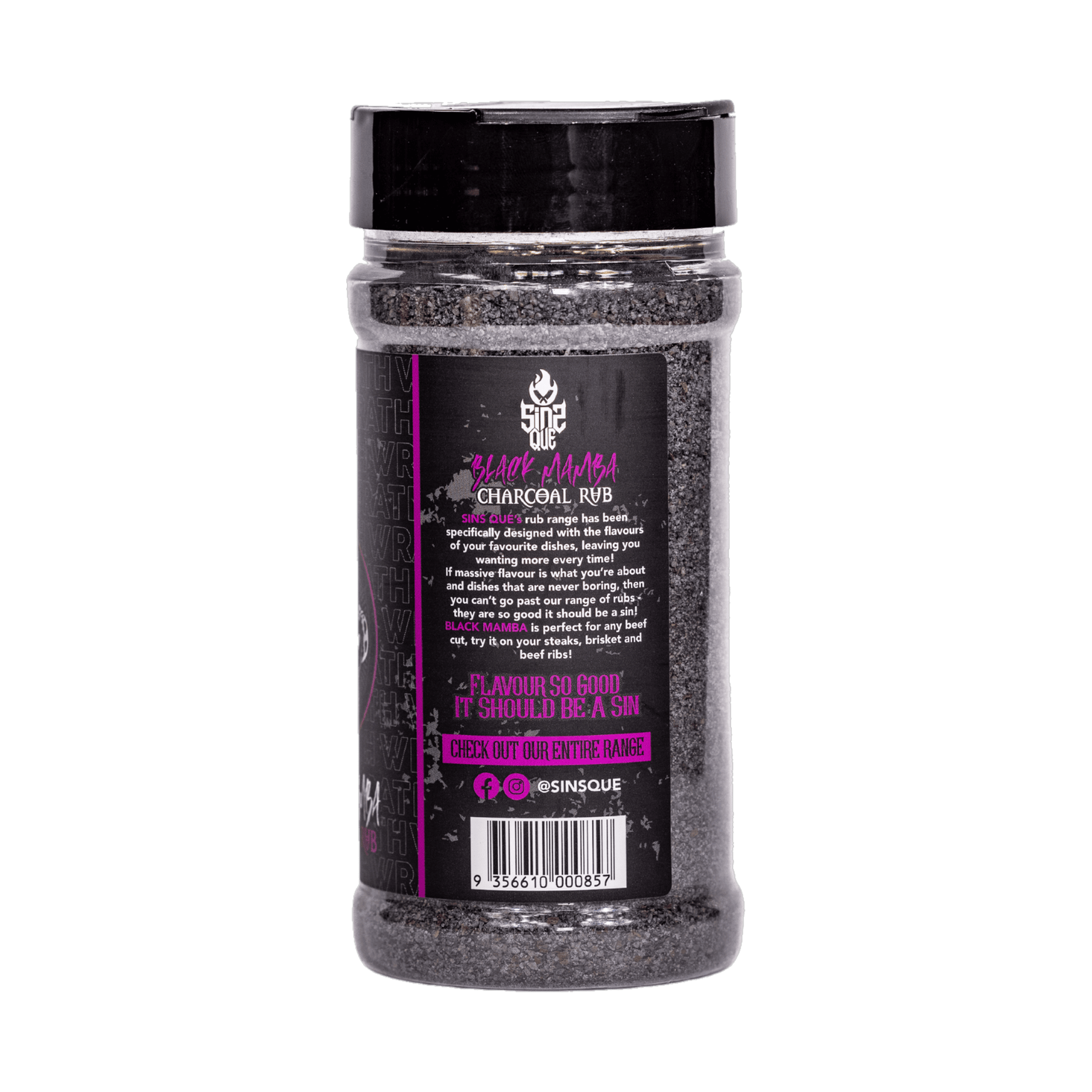 SinsQue Black Mamba Charcoal Rub 250g beef rub — side label detail, transparent background