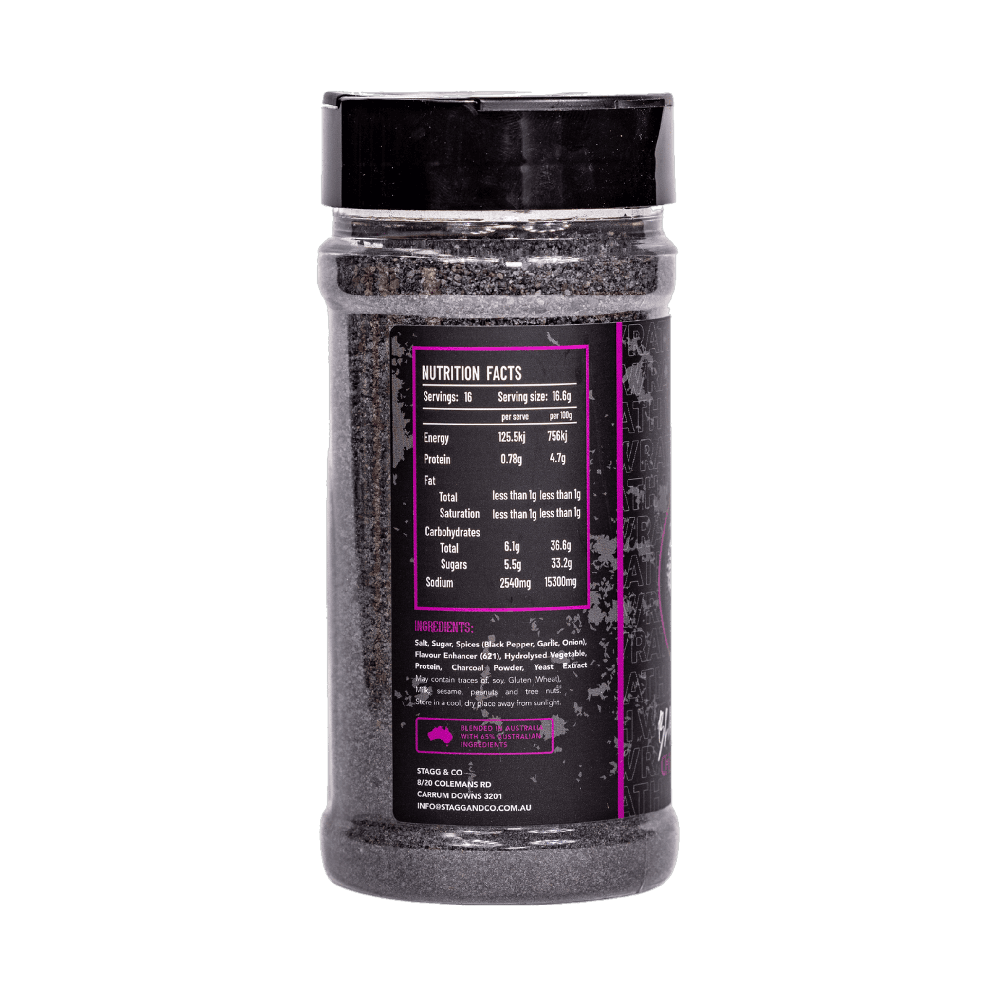 SinsQue Black Mamba Charcoal Rub 250g beef rub — ingredients and nutrition panel, transparent background