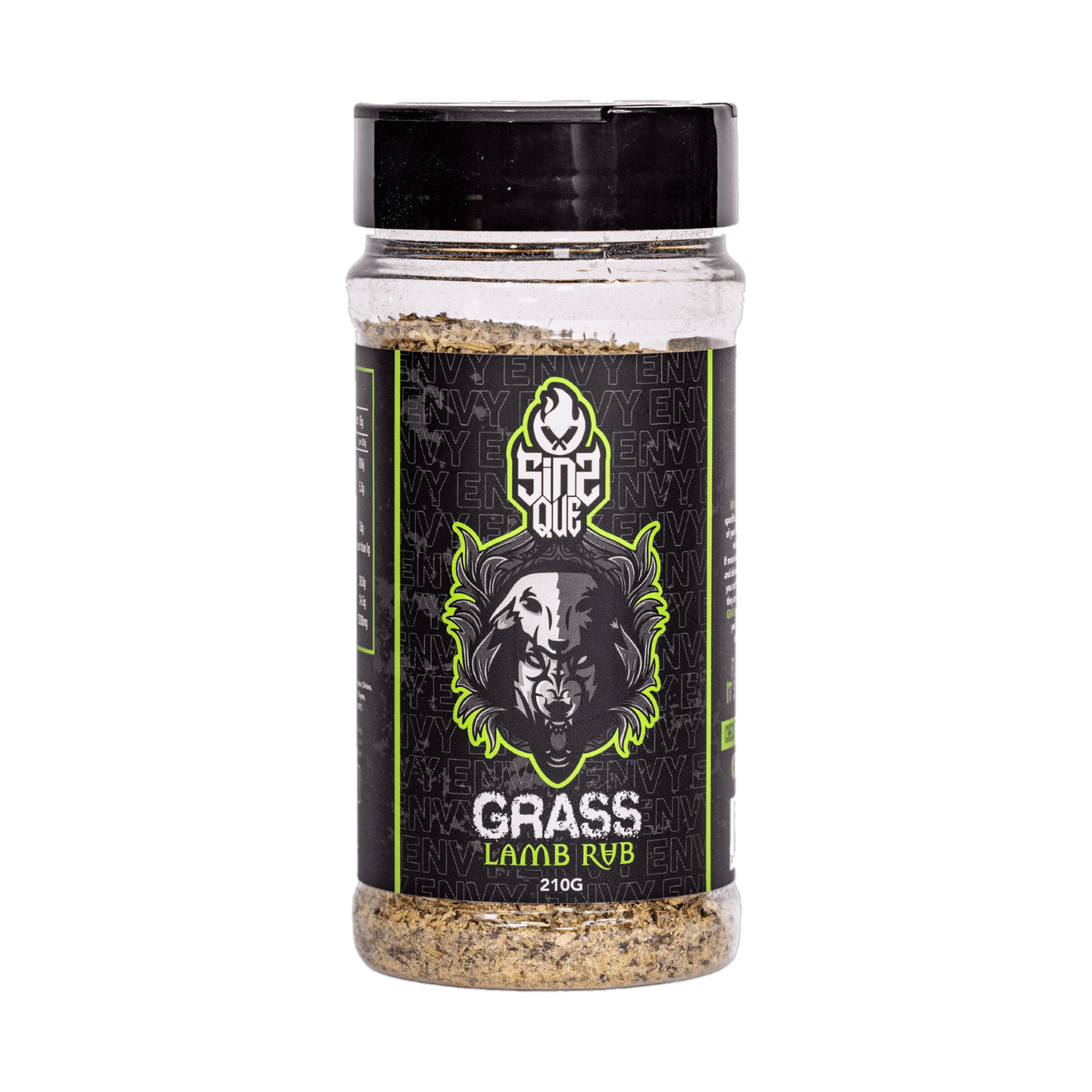 SinsQue Grass Lamb Rub 210g lamb rub — front of shaker on transparent background