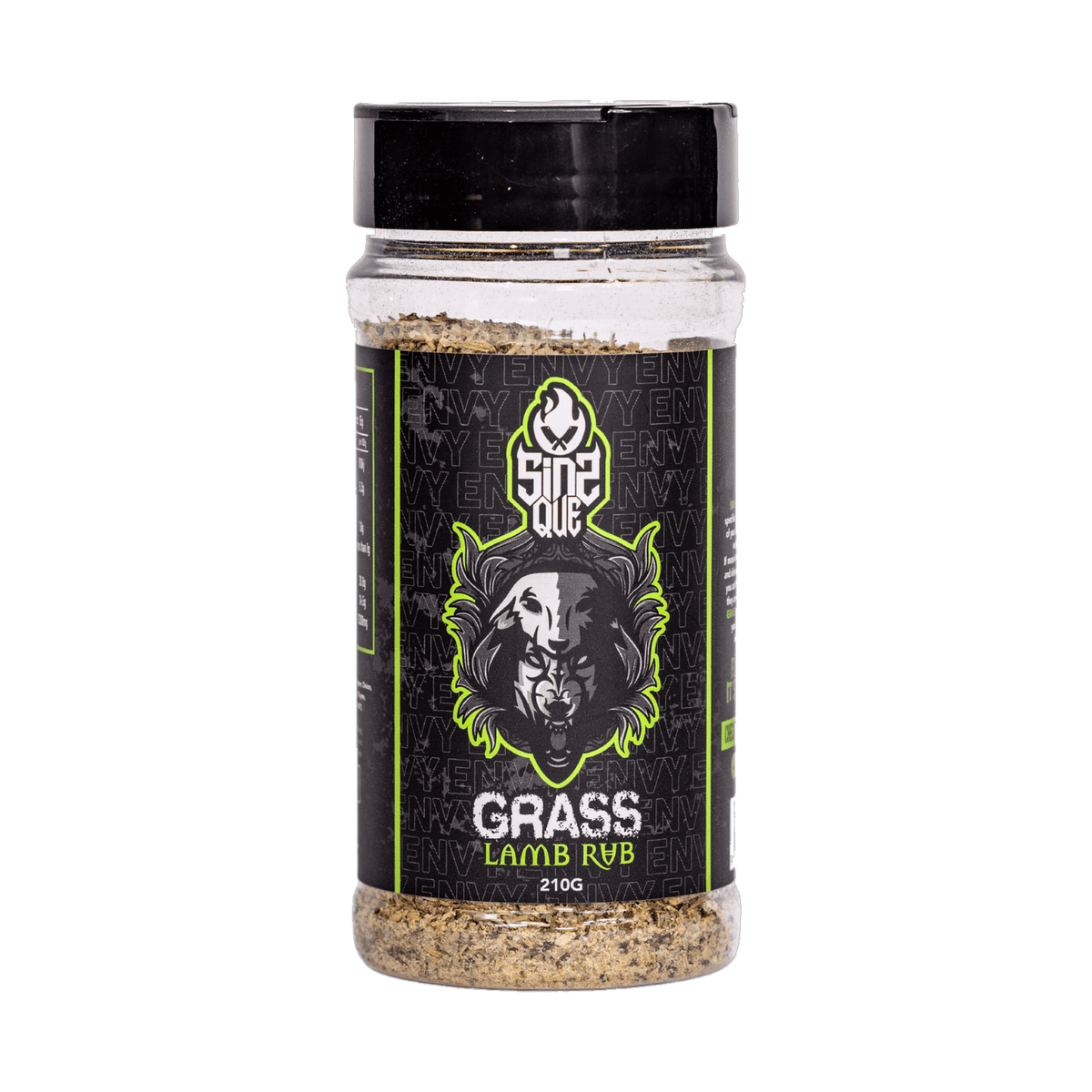 SinsQue Grass Lamb Rub 210g lamb rub — front of shaker on transparent background