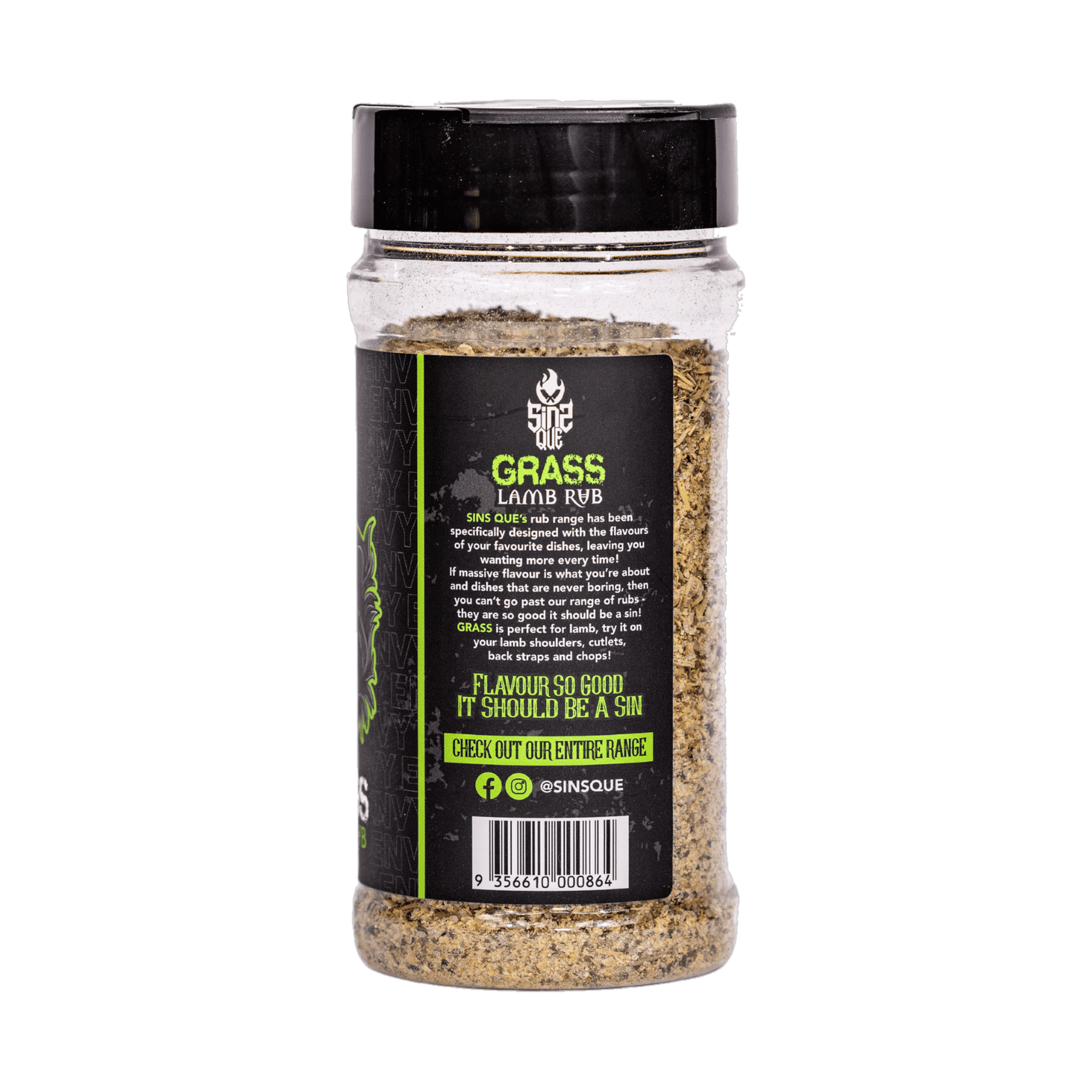 SinsQue Grass Lamb Rub 210g lamb rub — side label detail, transparent background