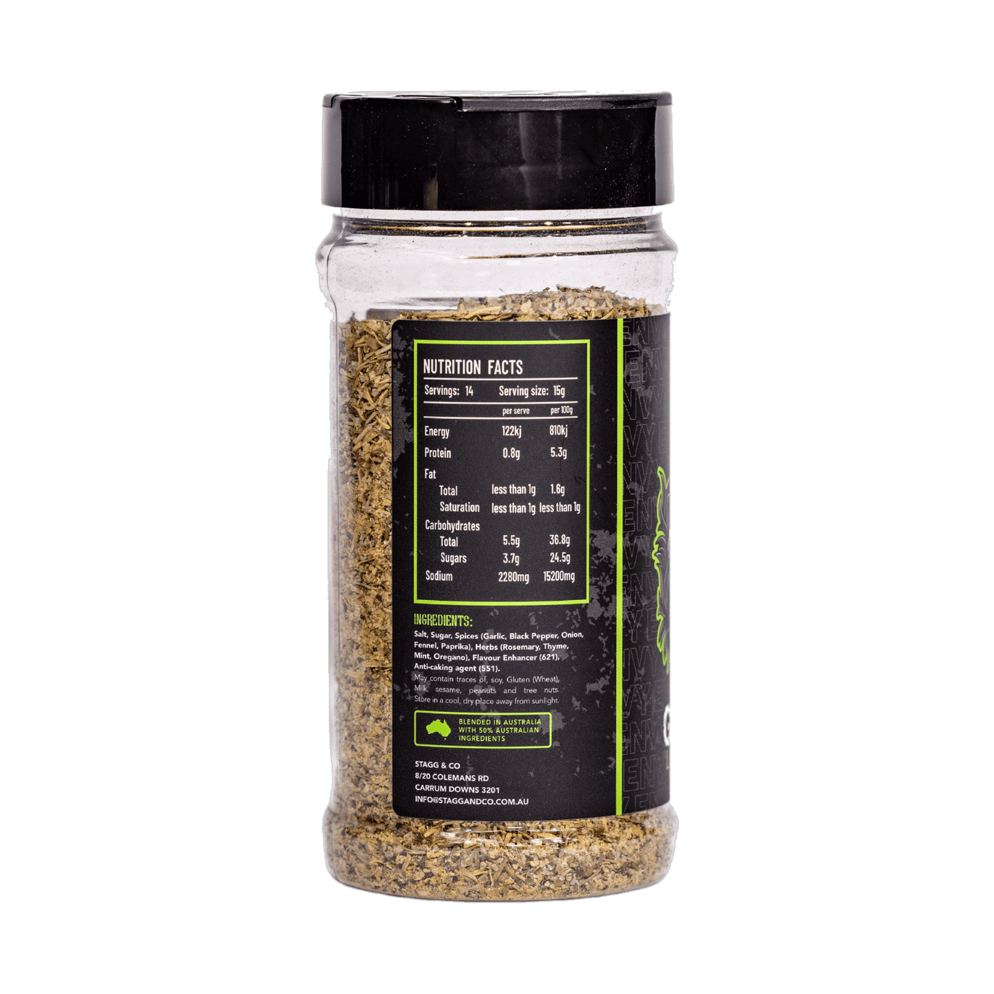 SinsQue Grass Lamb Rub 210g lamb rub — ingredients and nutrition panel, transparent background