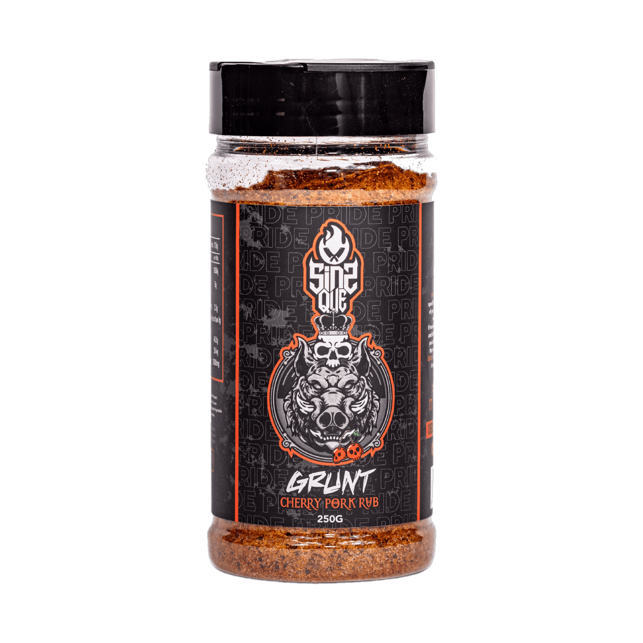 SinsQue Grunt Cherry Pork Rub 250g pork rub — front of shaker on transparent background