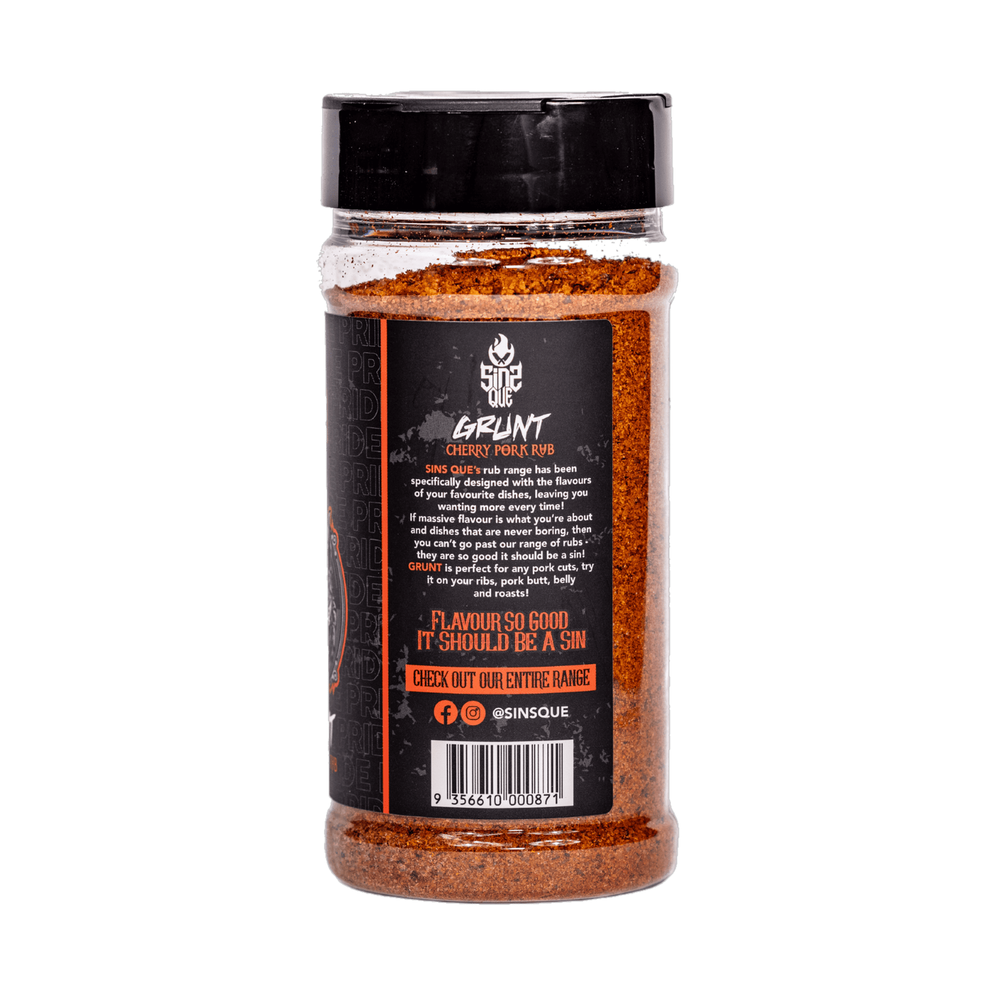 SinsQue Grunt Cherry Pork Rub 250g pork rub — side label detail, transparent background