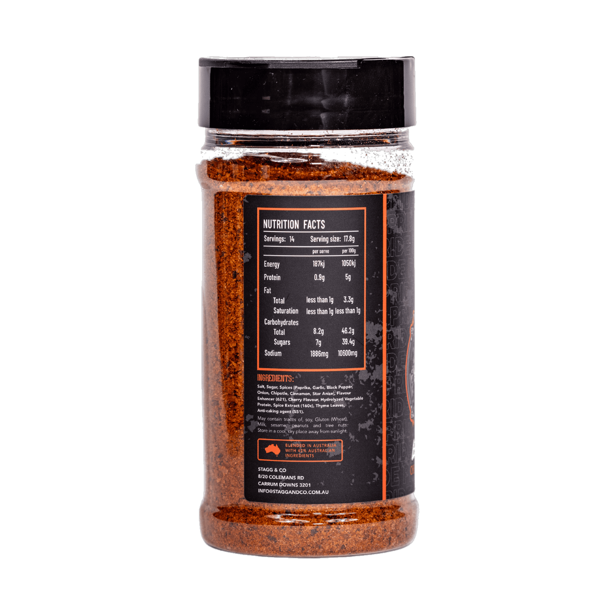 SinsQue Grunt Cherry Pork Rub 250g pork rub — ingredients and nutrition panel, transparent background