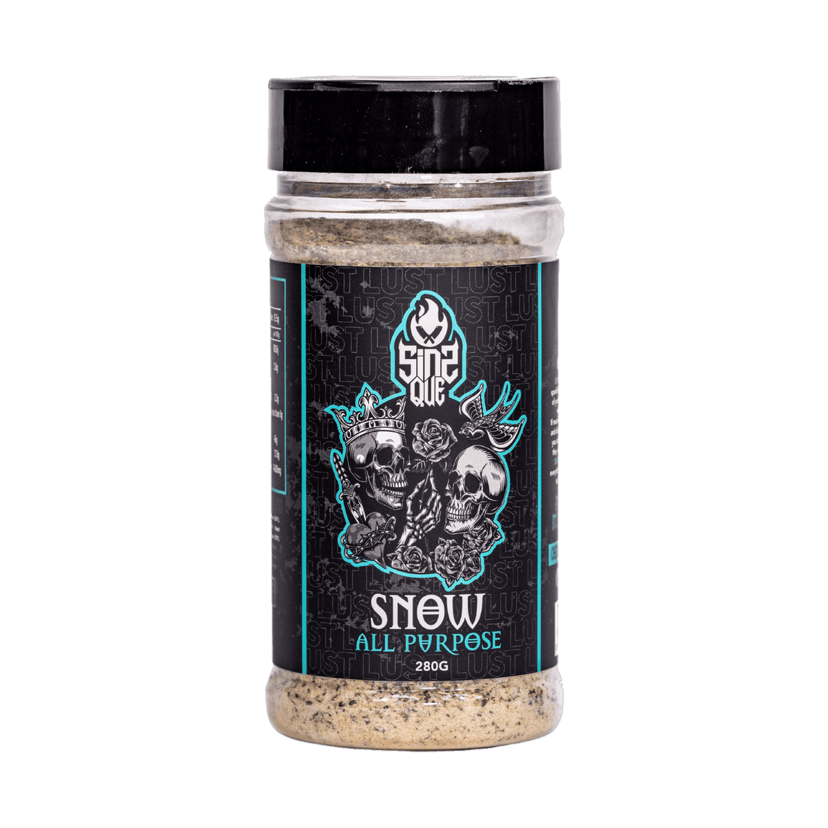 SinsQue Snow All Purpose Rub 250g BBQ rub — front of shaker on transparent background