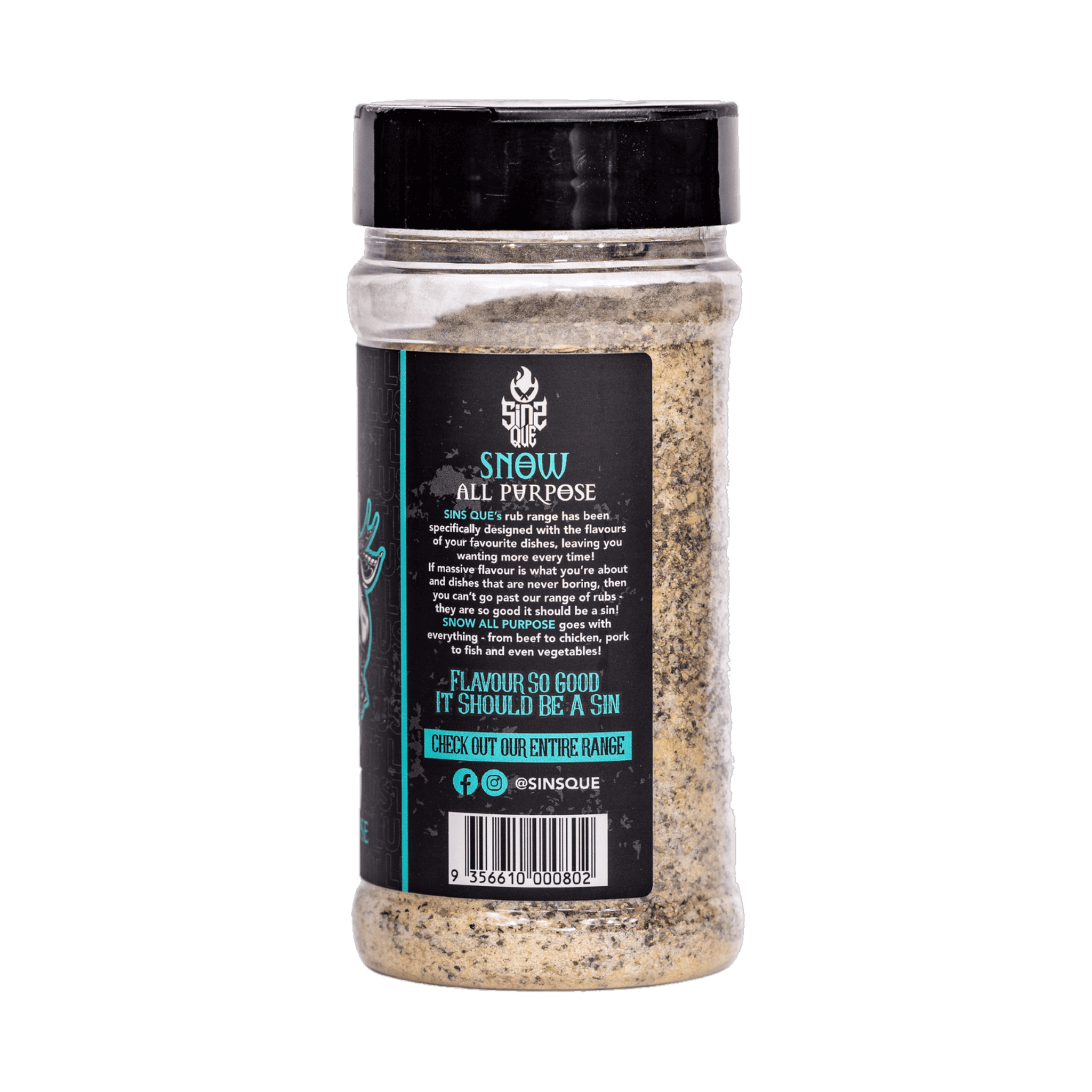 SinsQue Snow All Purpose Rub 250g BBQ rub — side label detail, transparent background