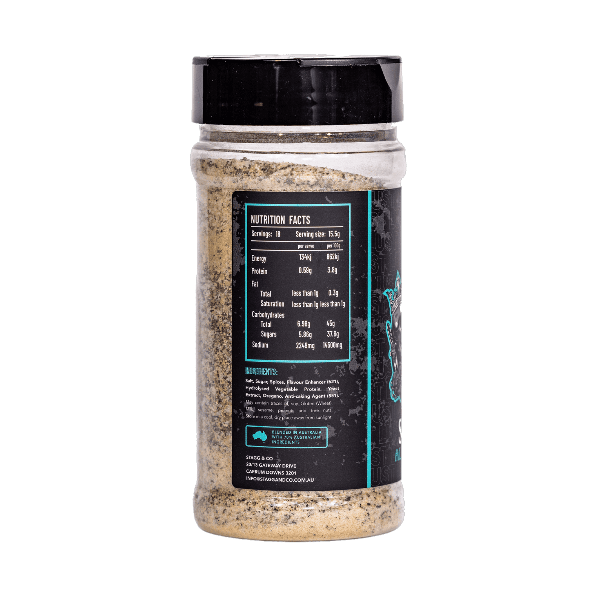 SinsQue Snow All Purpose Rub 250g BBQ rub — ingredients and nutrition panel, transparent background