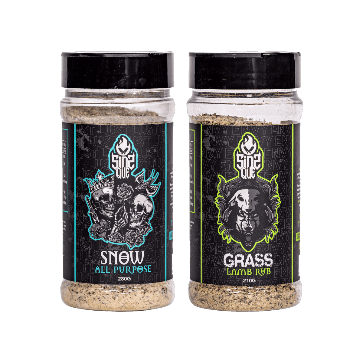 SINS QUE Lamb Duo Bundle — Snow All Purpose and Grass Lamb rub shakers on transparent background