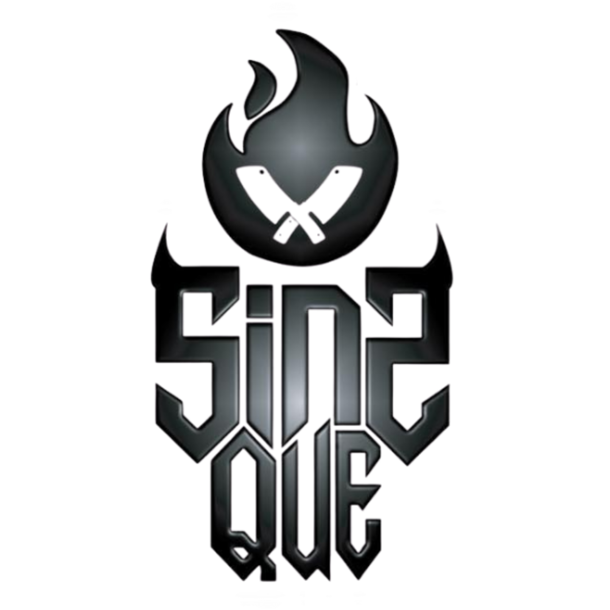 Sins Que barbecue brand logo, flaming crossed-knives emblem, black on transparent background