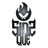 Sins Que barbecue brand logo, flaming crossed-knives emblem, black on transparent background