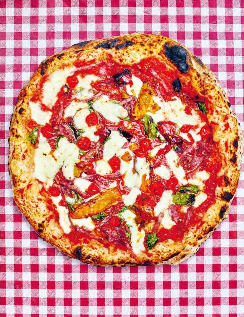 SLICE by Thom & James Elliot paperback cookbook — Neapolitan salami and fire-roasted peppers pizza