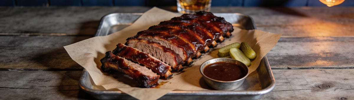Kansas City pork ribs glazed with Smoke on Wheels Bootleg Bourbon BBQ Sauce on a barnwood bar