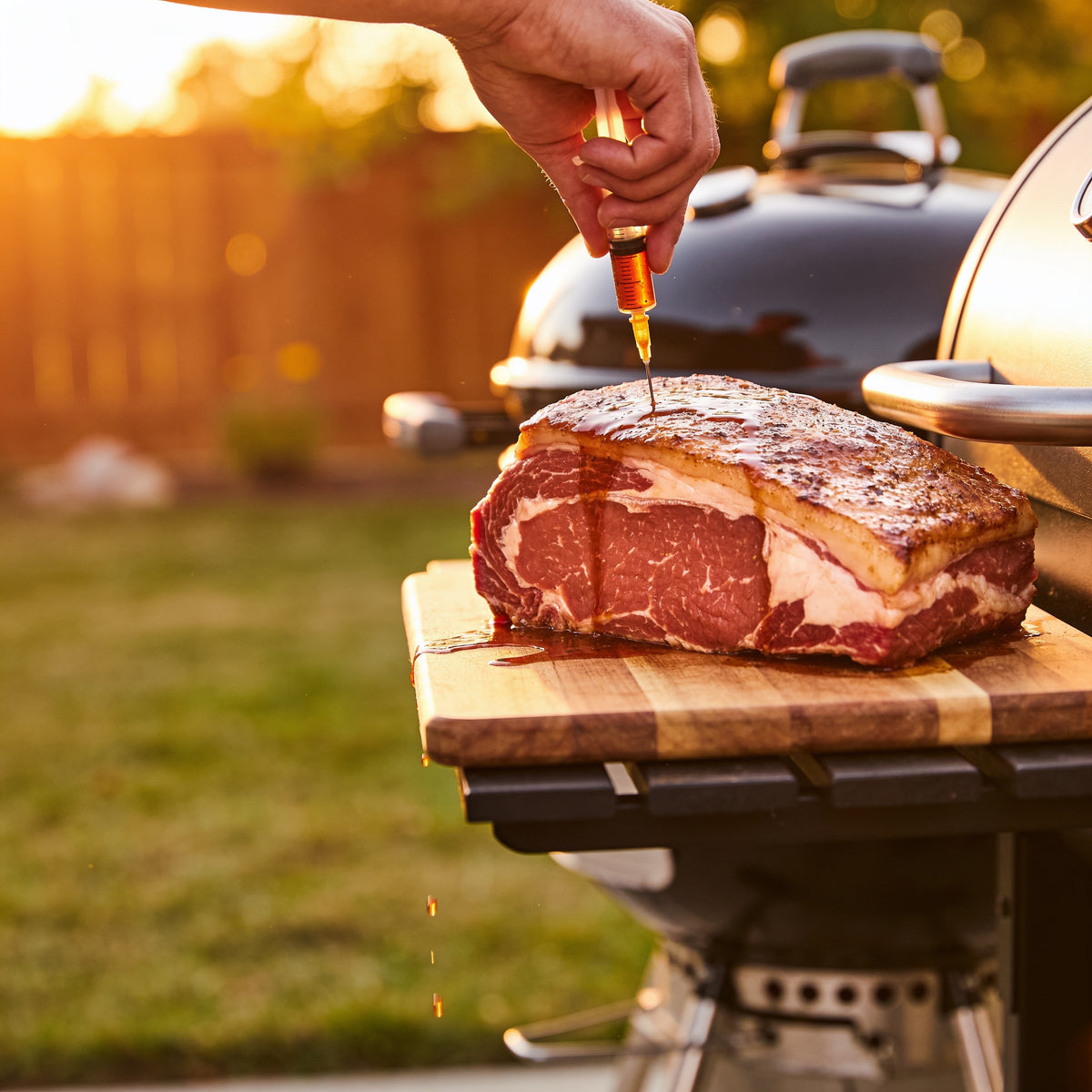 A hand injecting marinade deep into a raw pork shoulder before it goes on the smoker at golden hour.