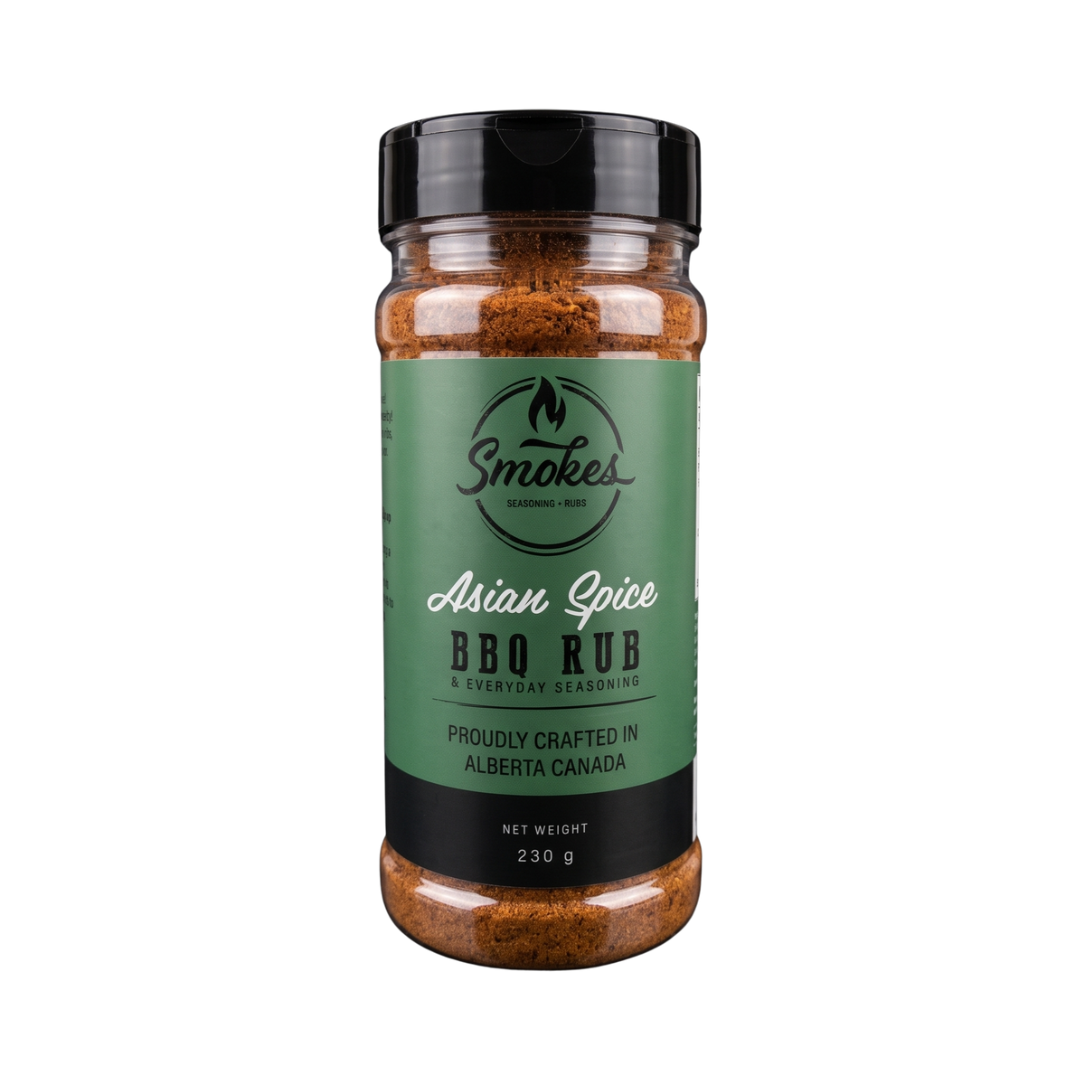 Smokes Asian Spice BBQ rub 230g, front of shaker on transparent background