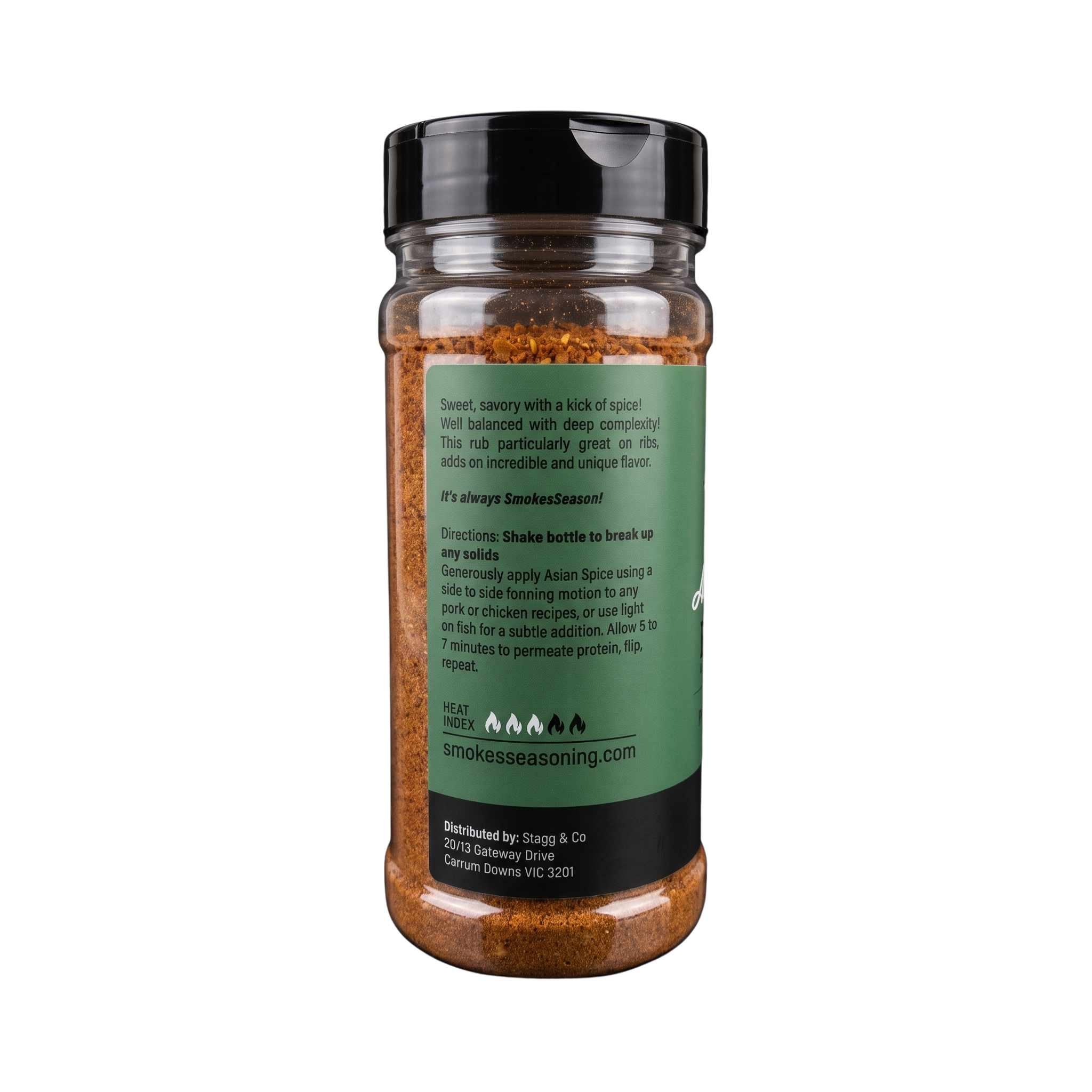 Smokes Asian Spice BBQ rub 230g, ingredients and nutrition panel, transparent background