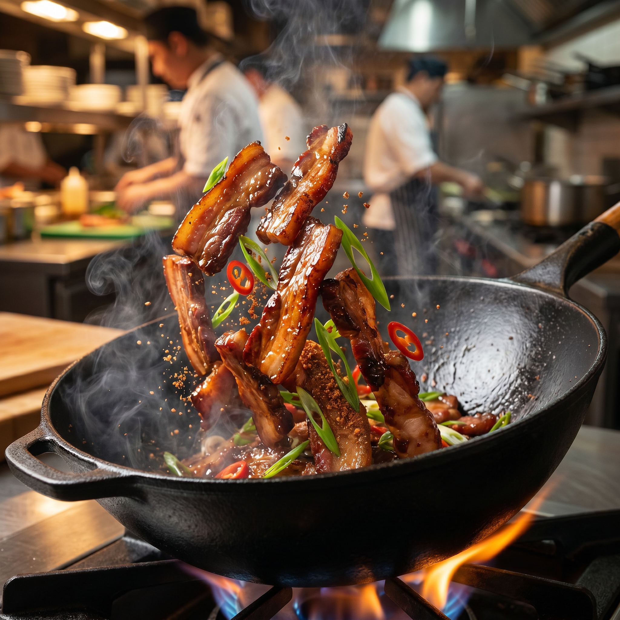 Smokes Asian Spice BBQ rub — caramelised char siu pork belly tossed in a hot wok