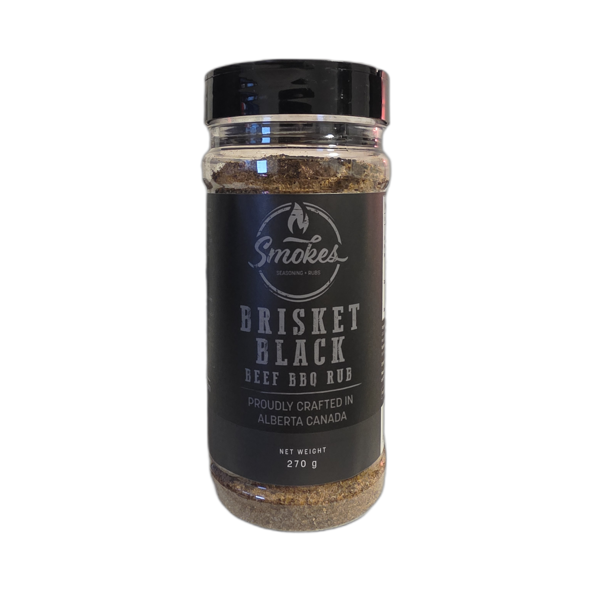 Smokes Brisket Black beef BBQ rub 270g, front of shaker
