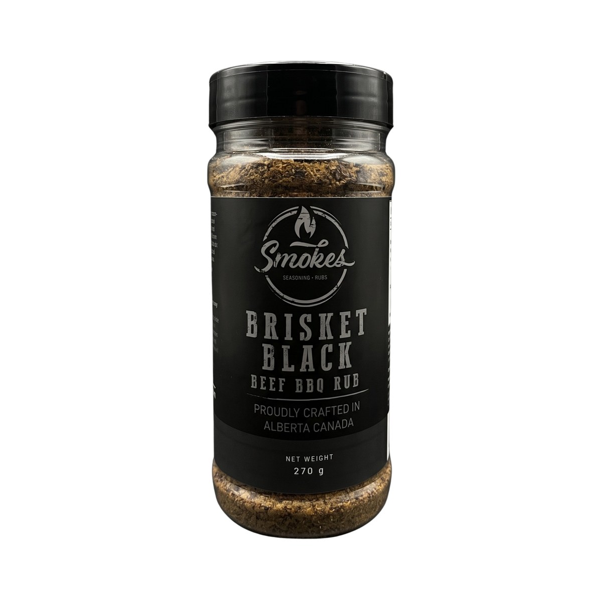 Smokes Brisket Black beef BBQ rub 270g, front of shaker on transparent background