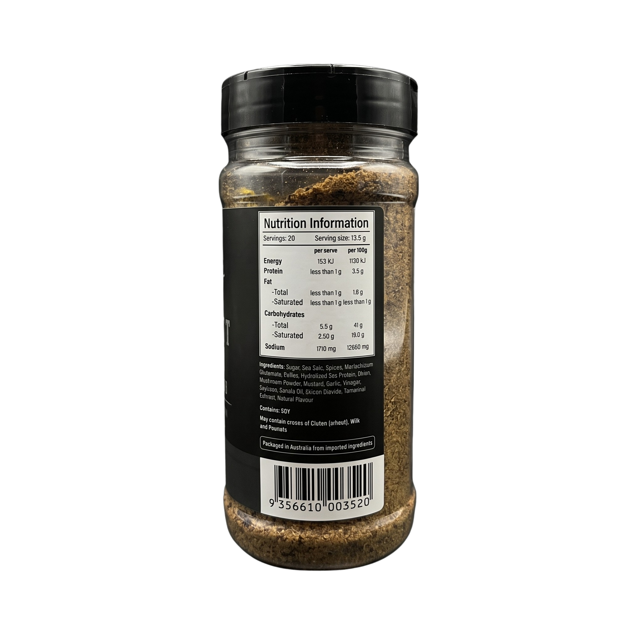 Smokes Brisket Black beef BBQ rub 270g, side of shaker, transparent background