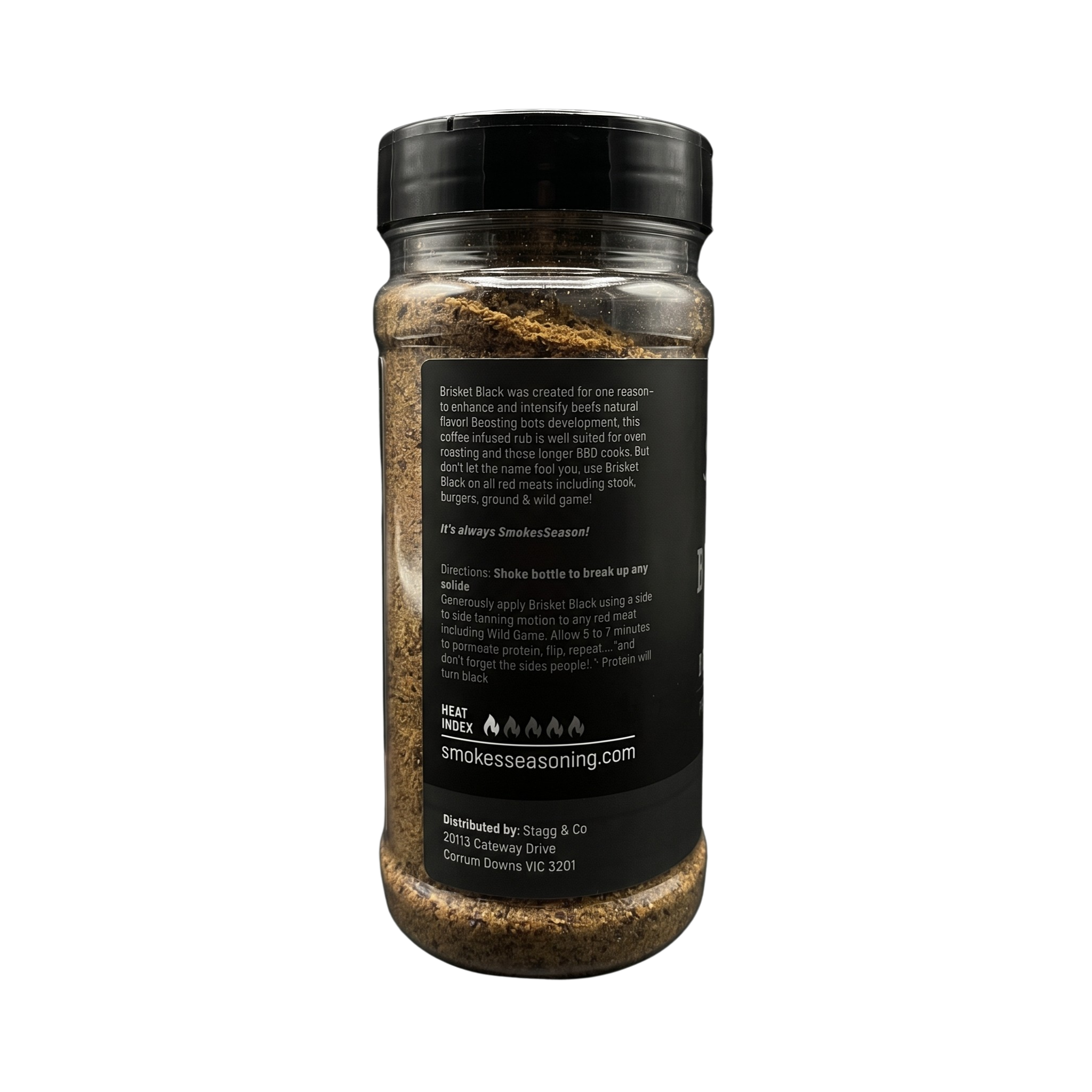 Smokes Brisket Black beef BBQ rub 270g, ingredients and nutrition panel, transparent background
