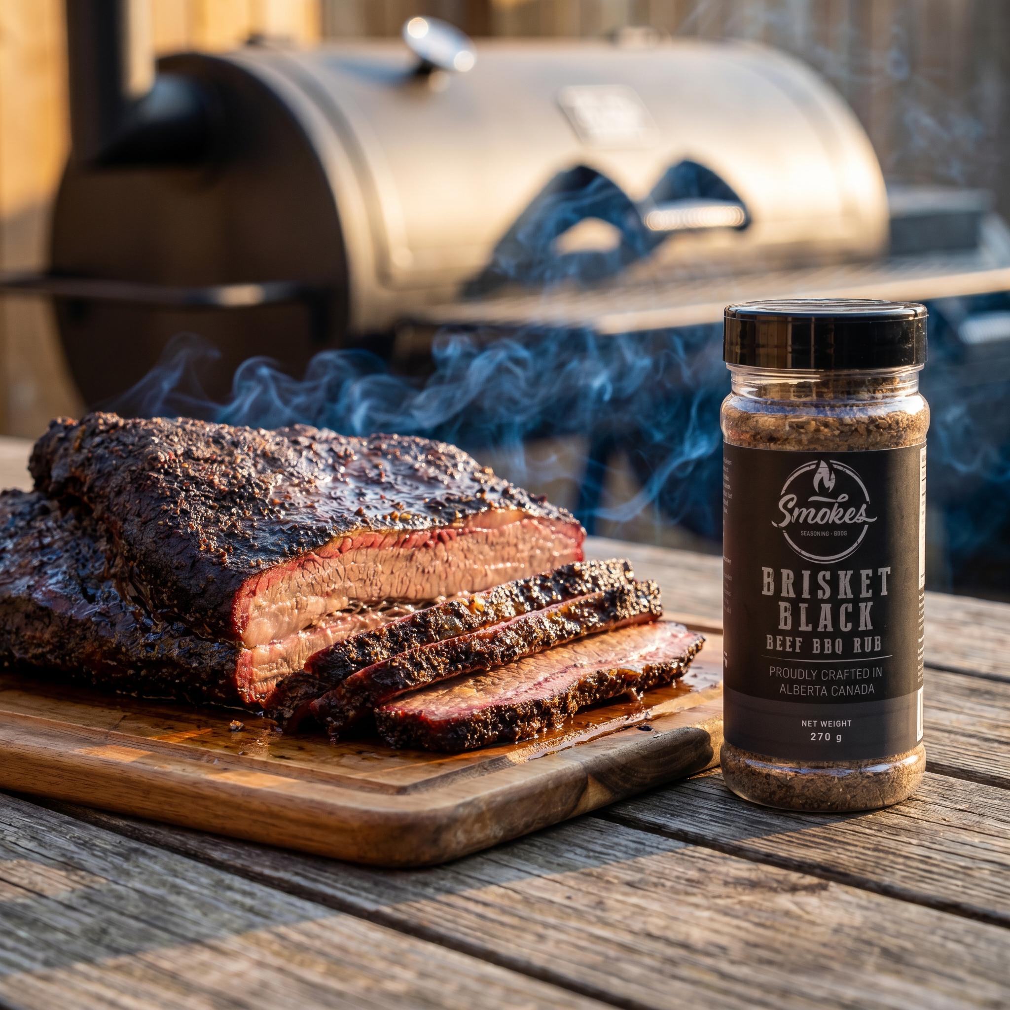 Smokes Brisket Black beef BBQ rub — sliced smoked brisket with a dark coffee-pepper bark and pink smoke ring on a board