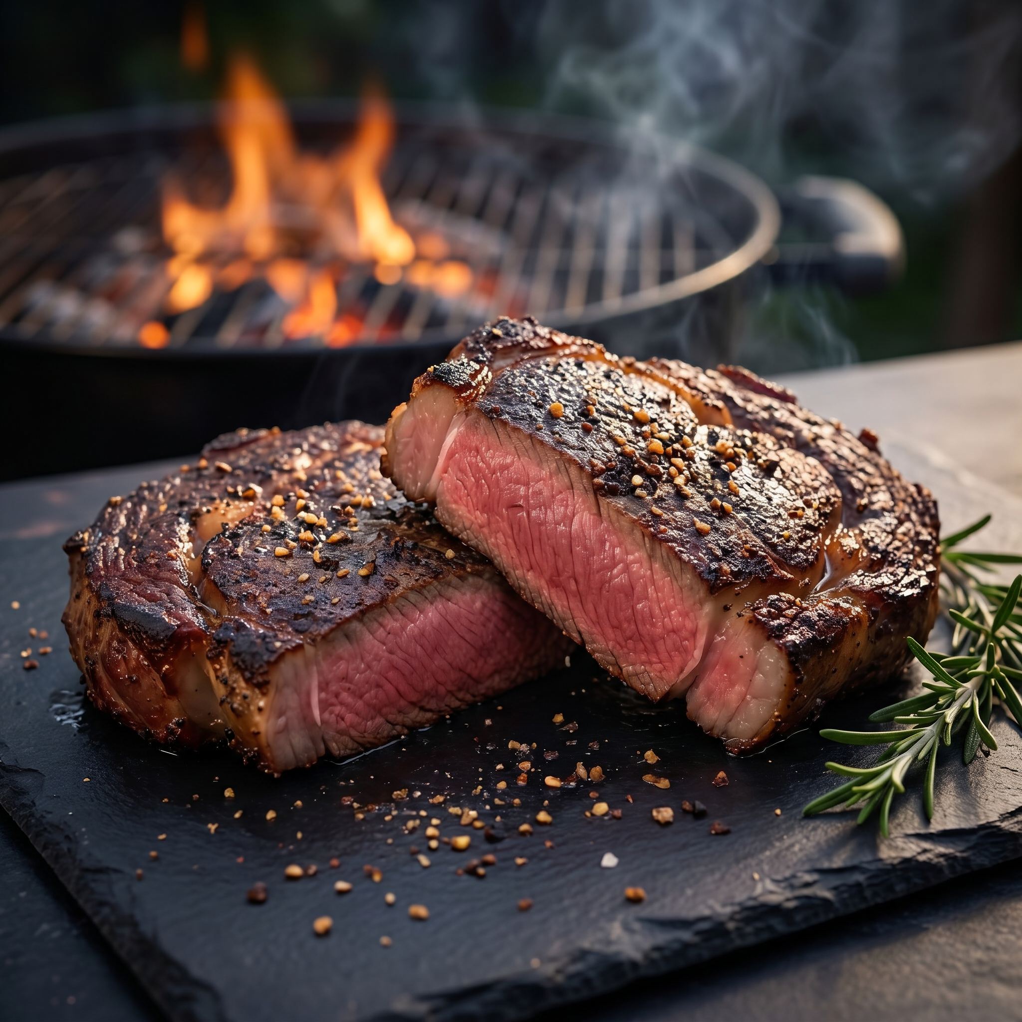 Smokes Brisket Black beef BBQ rub — reverse-seared ribeye steaks with a dark peppery crust over charcoal