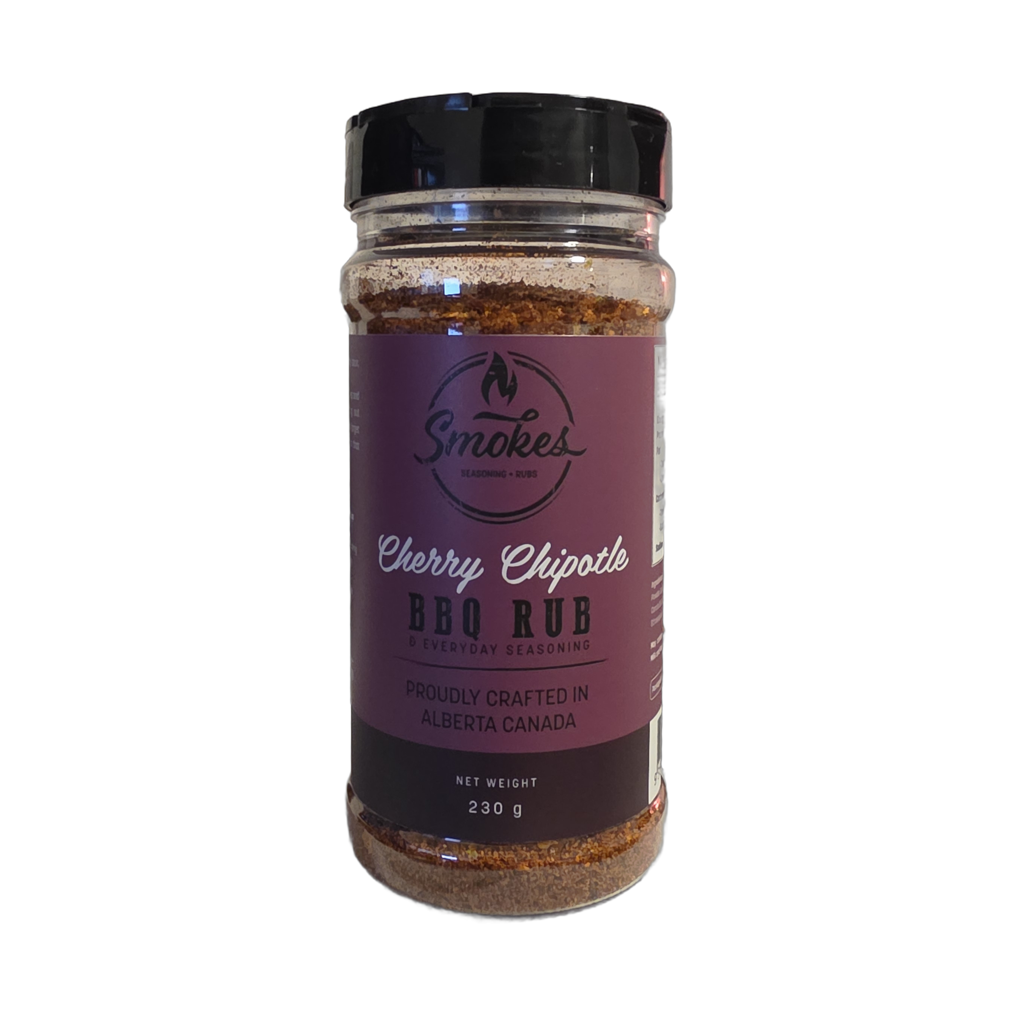 Smokes Cherry Chipotle BBQ rub 230g, front of shaker