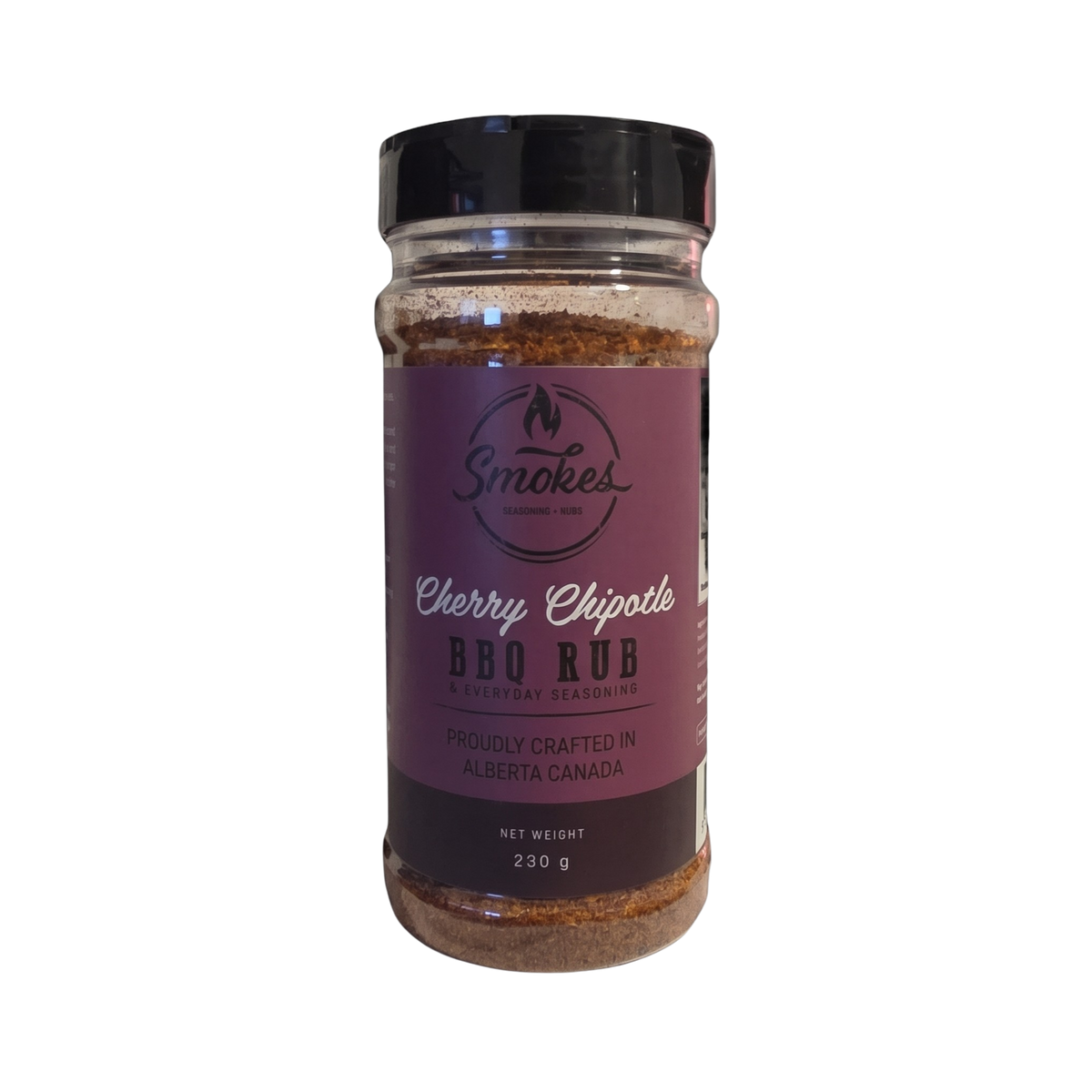 Smokes Cherry Chipotle BBQ rub 230g, front of shaker on transparent background
