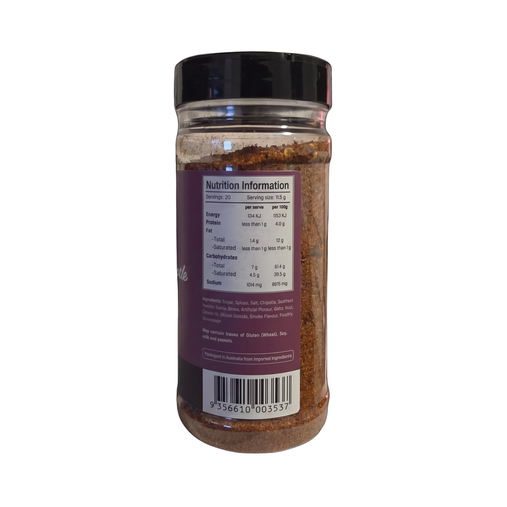 Smokes Cherry Chipotle BBQ rub 230g, side of shaker, transparent background