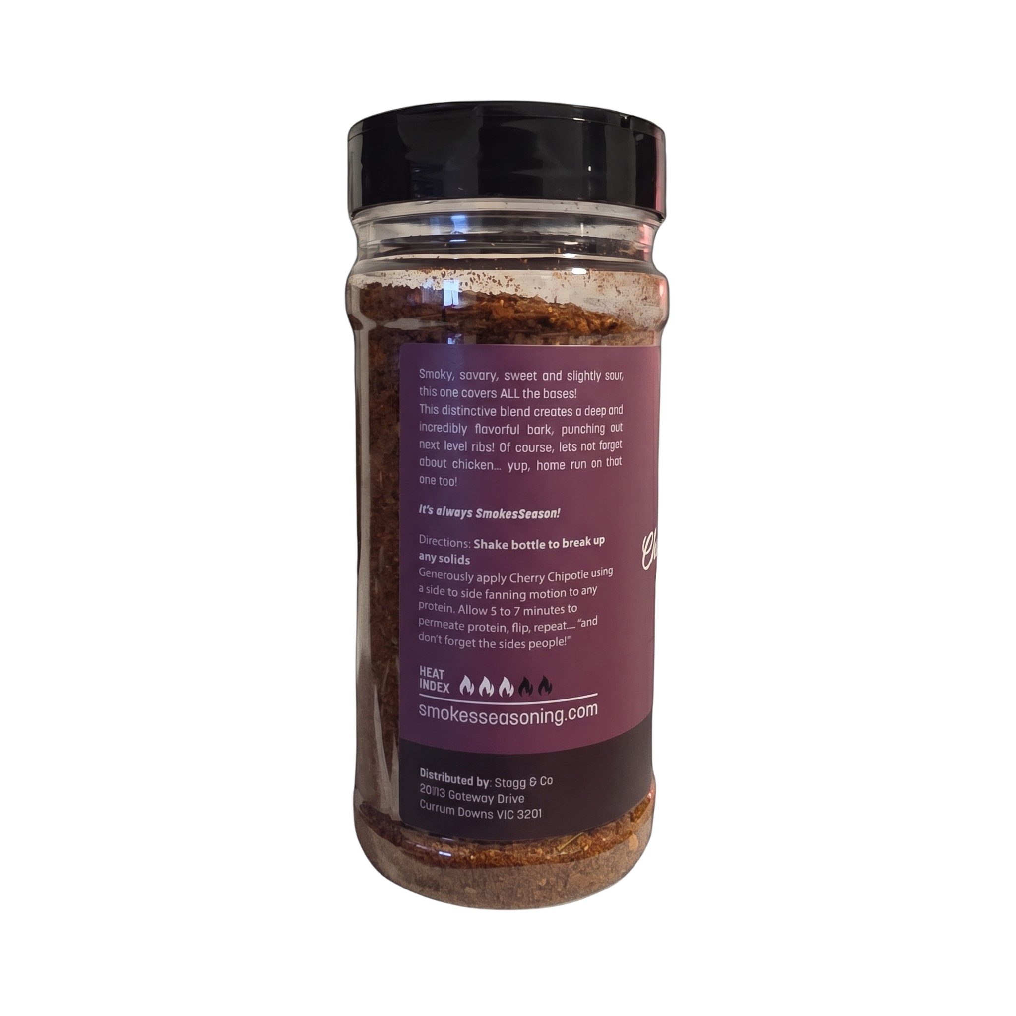 Smokes Cherry Chipotle BBQ rub 230g, ingredients and nutrition panel, transparent background