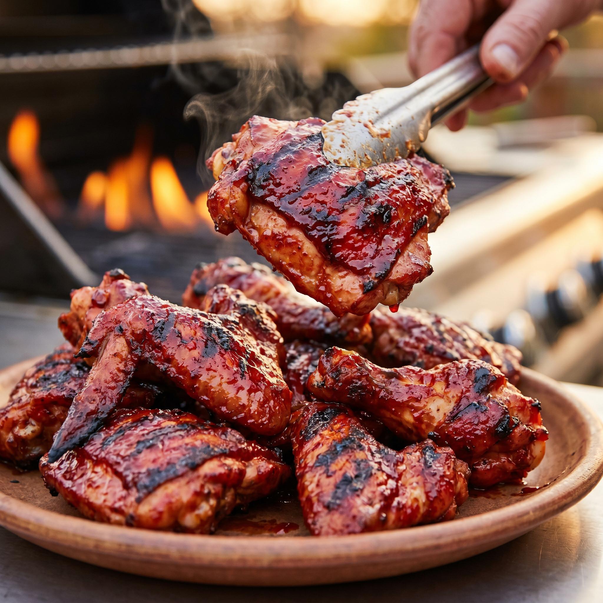 Smokes Cherry Chipotle BBQ rub — grilled chicken wings and thighs with a sticky ruby chipotle-cherry glaze