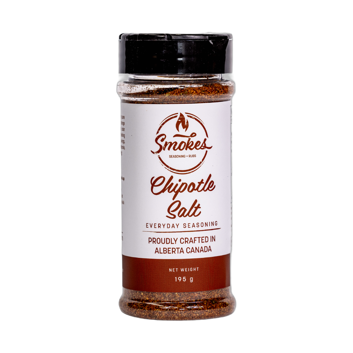 Smokes Chipotle Salt 195g finishing salt, front of shaker on transparent background
