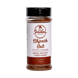 Smokes Chipotle Salt 195g finishing salt, front of shaker on transparent background