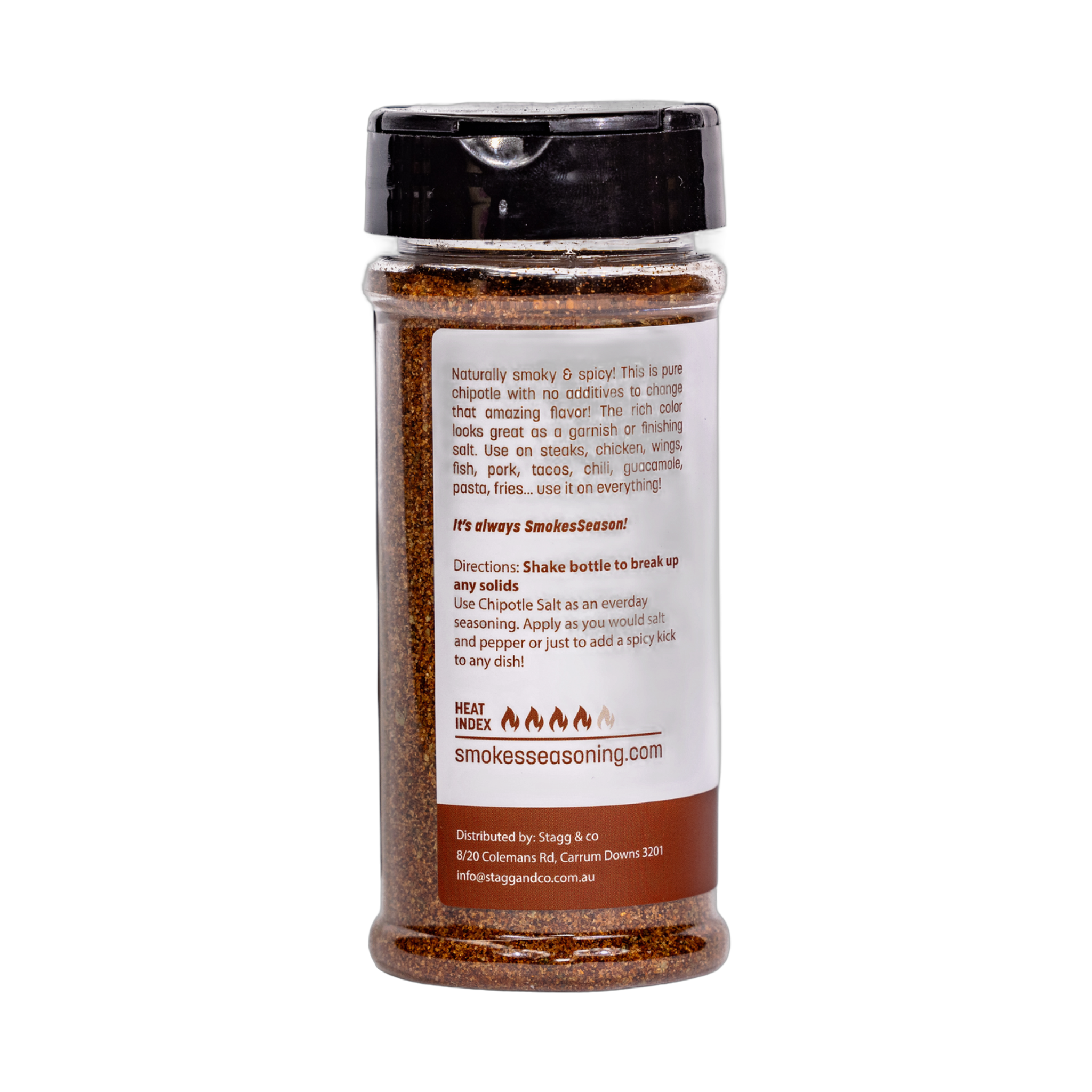 Smokes Chipotle Salt 195g finishing salt, side of shaker, transparent background