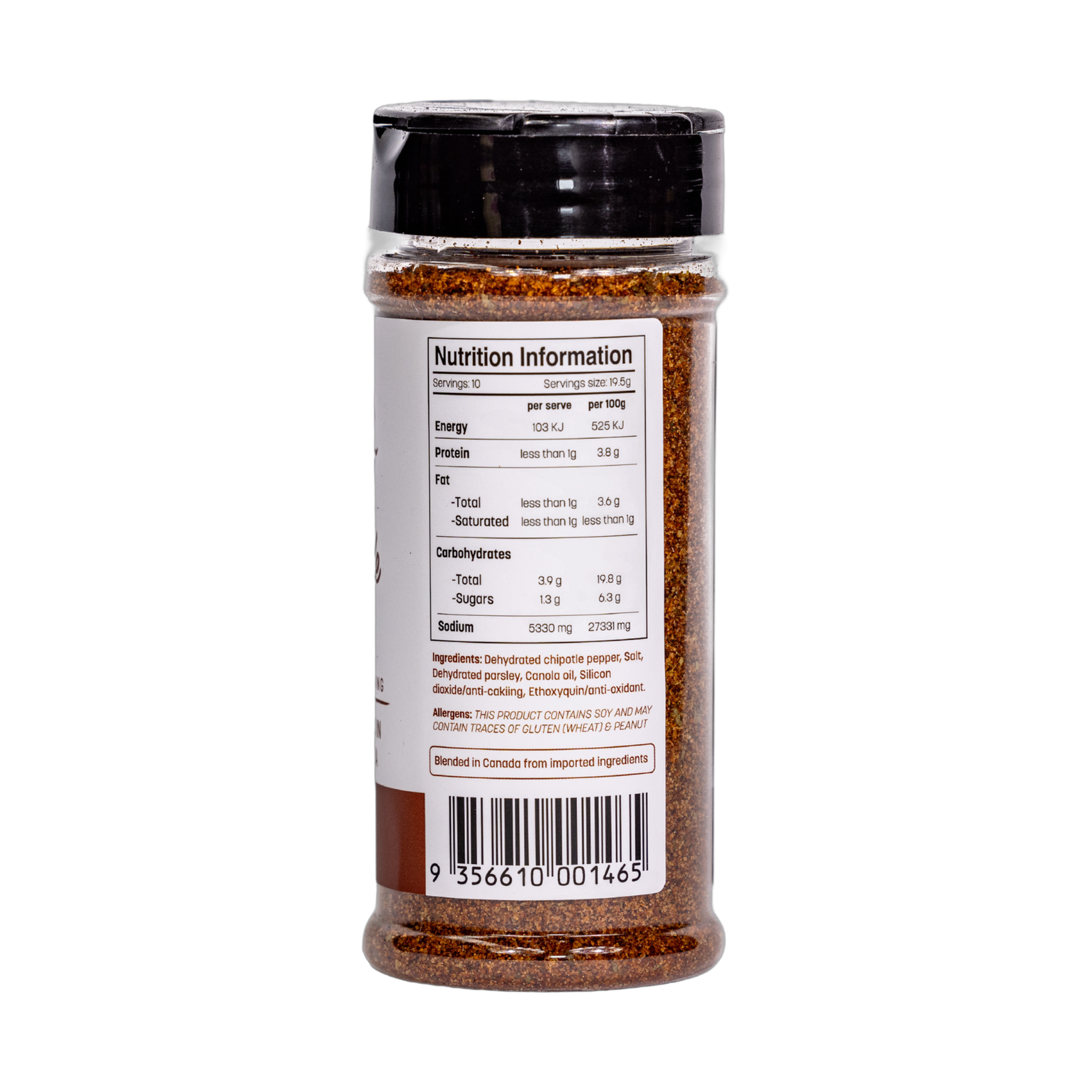 Smokes Chipotle Salt 195g finishing salt, ingredients and nutrition panel, transparent background