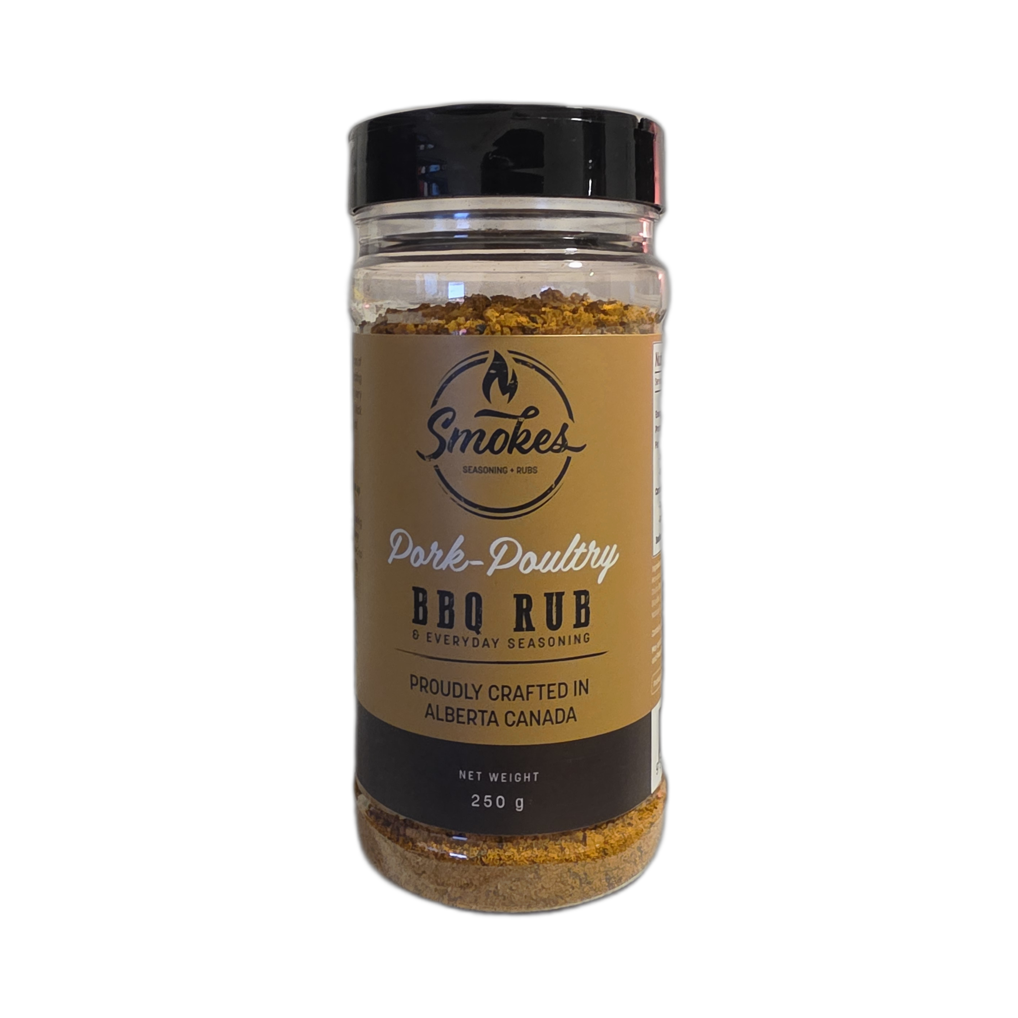 Smokes Pork-Poultry BBQ rub 250g, front of shaker