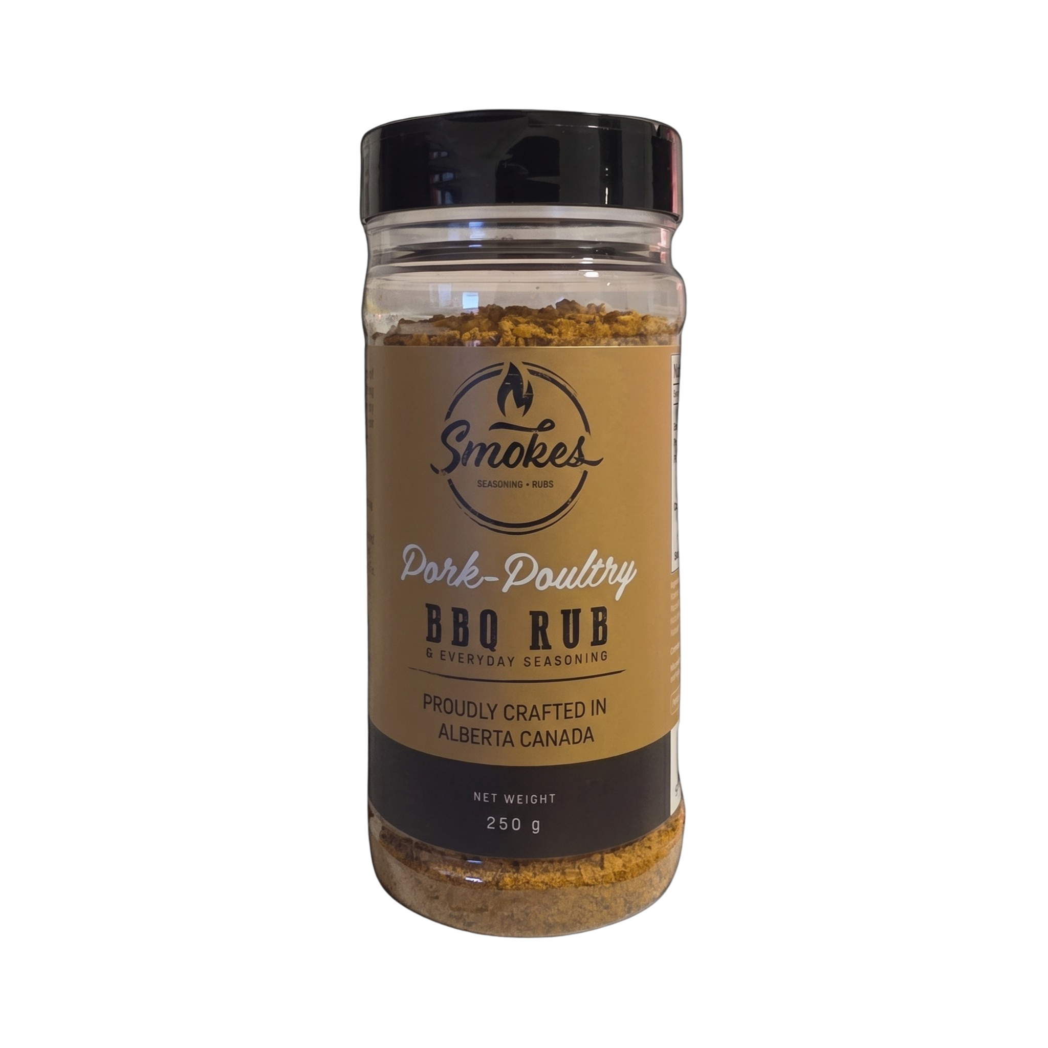 Smokes Pork-Poultry pork & poultry BBQ rub 250g, front of shaker on transparent background