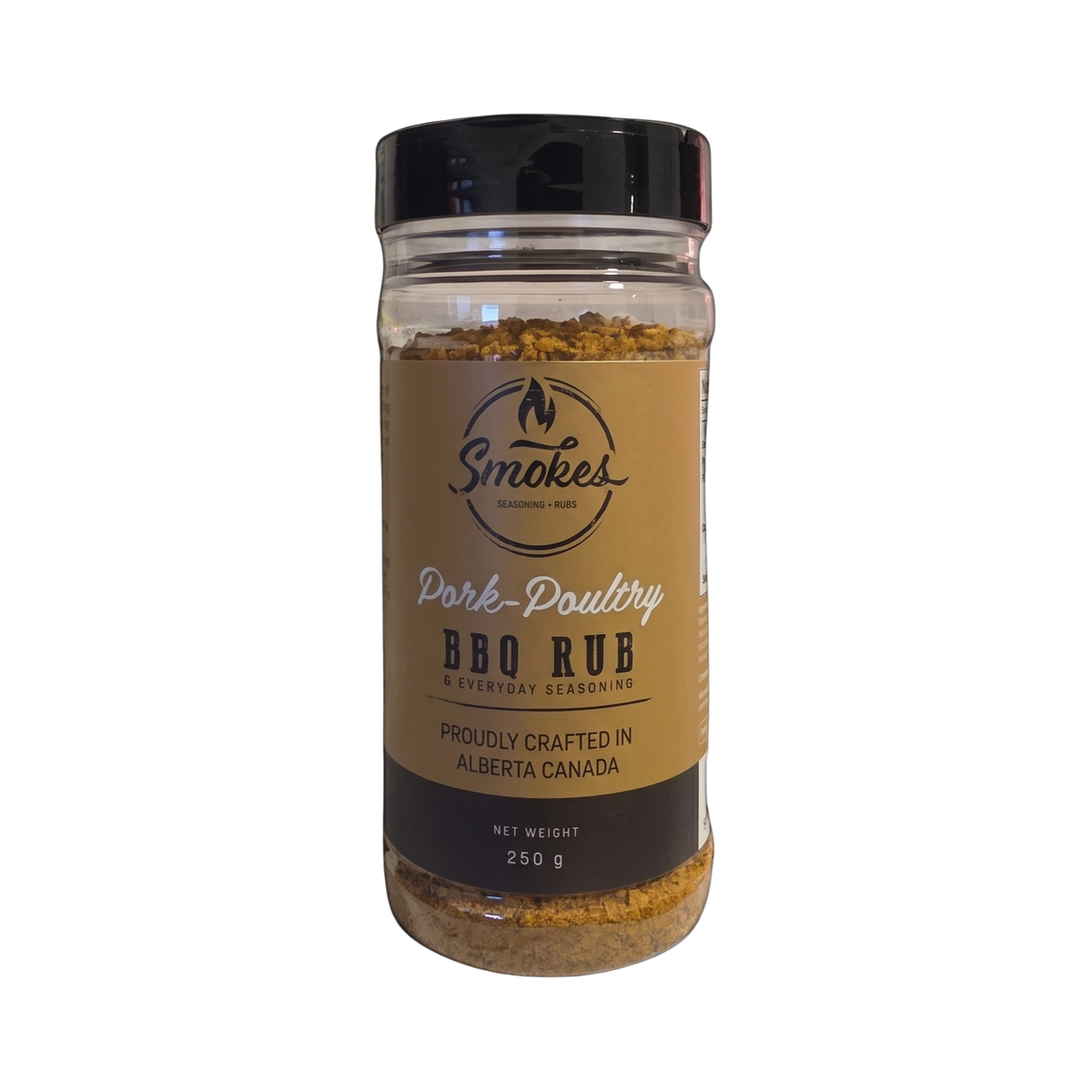 Smokes Pork-Poultry pork & poultry BBQ rub 250g, front of shaker on transparent background